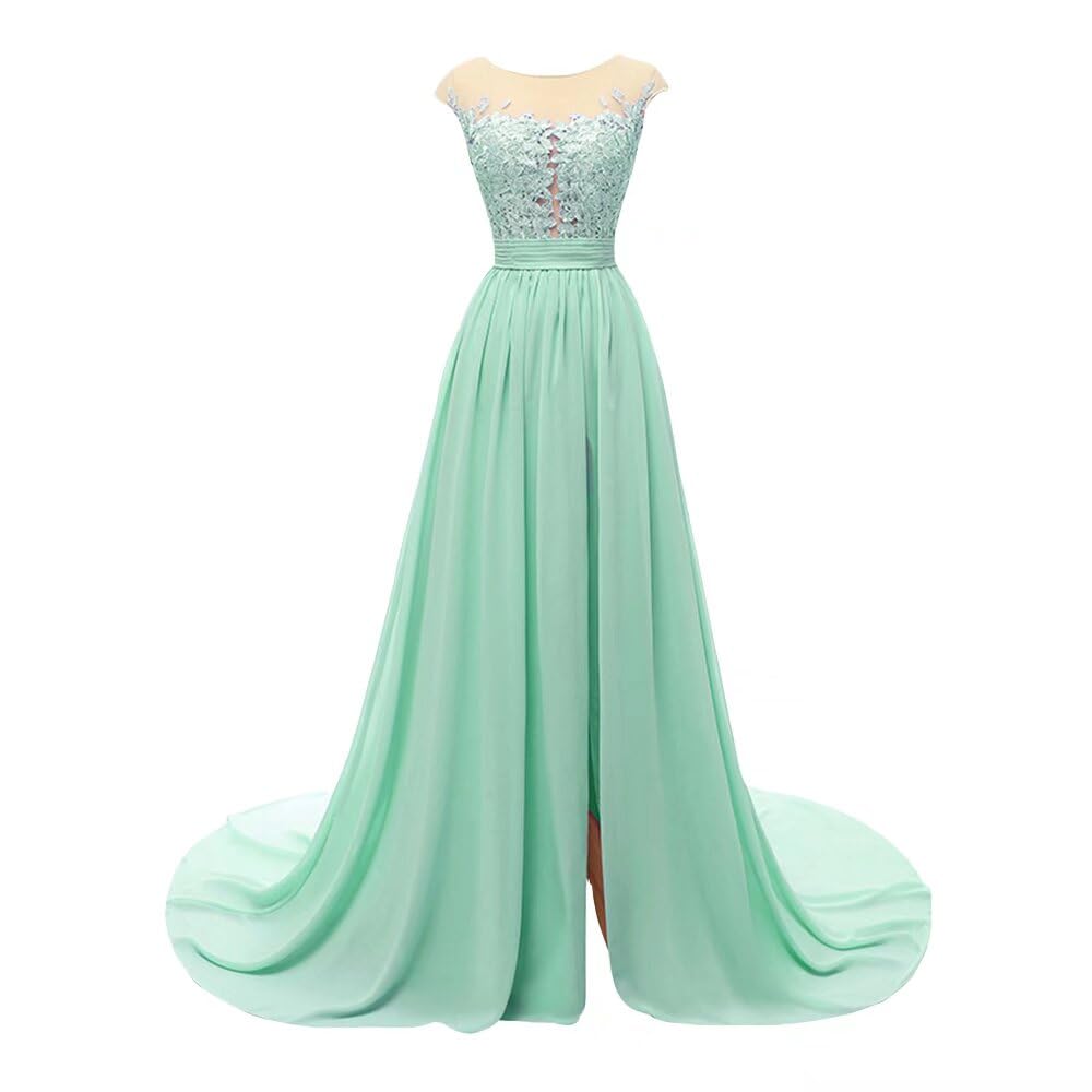 Elegant Women's Lace Sheer Wedding Bridesmaid Dress - Chiffon Long Formal Evening Gown with High Slit - Perfect for Weddings, Prom, Cocktail Parties & Special Occasions