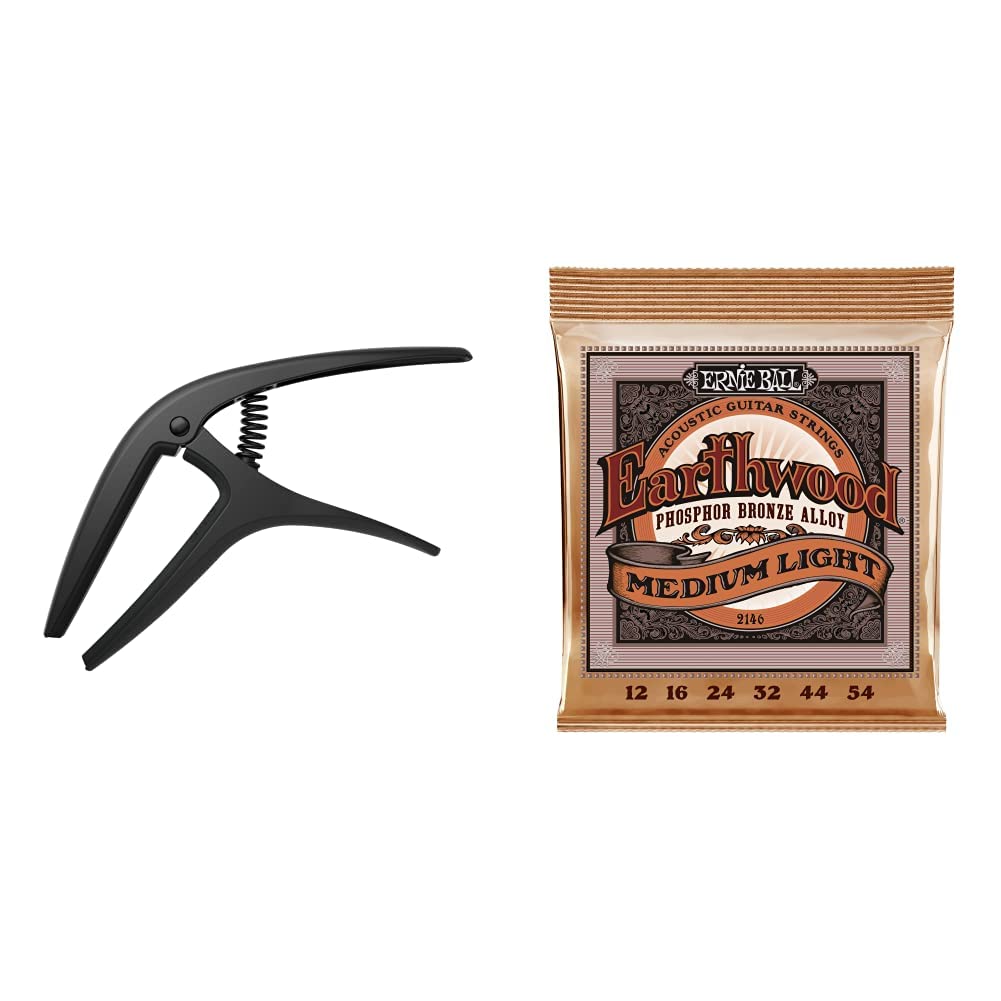 Ernie Ball Axis Dual Radius Capo Black Satin (P09600) & Earthwood Medium Light Phosphor Bronze Acoustic Guitar Strings 12-54 Gauge (P02146) - Perfect for Live Performances, Studio Recording and Acoustic Guitar Maintenance