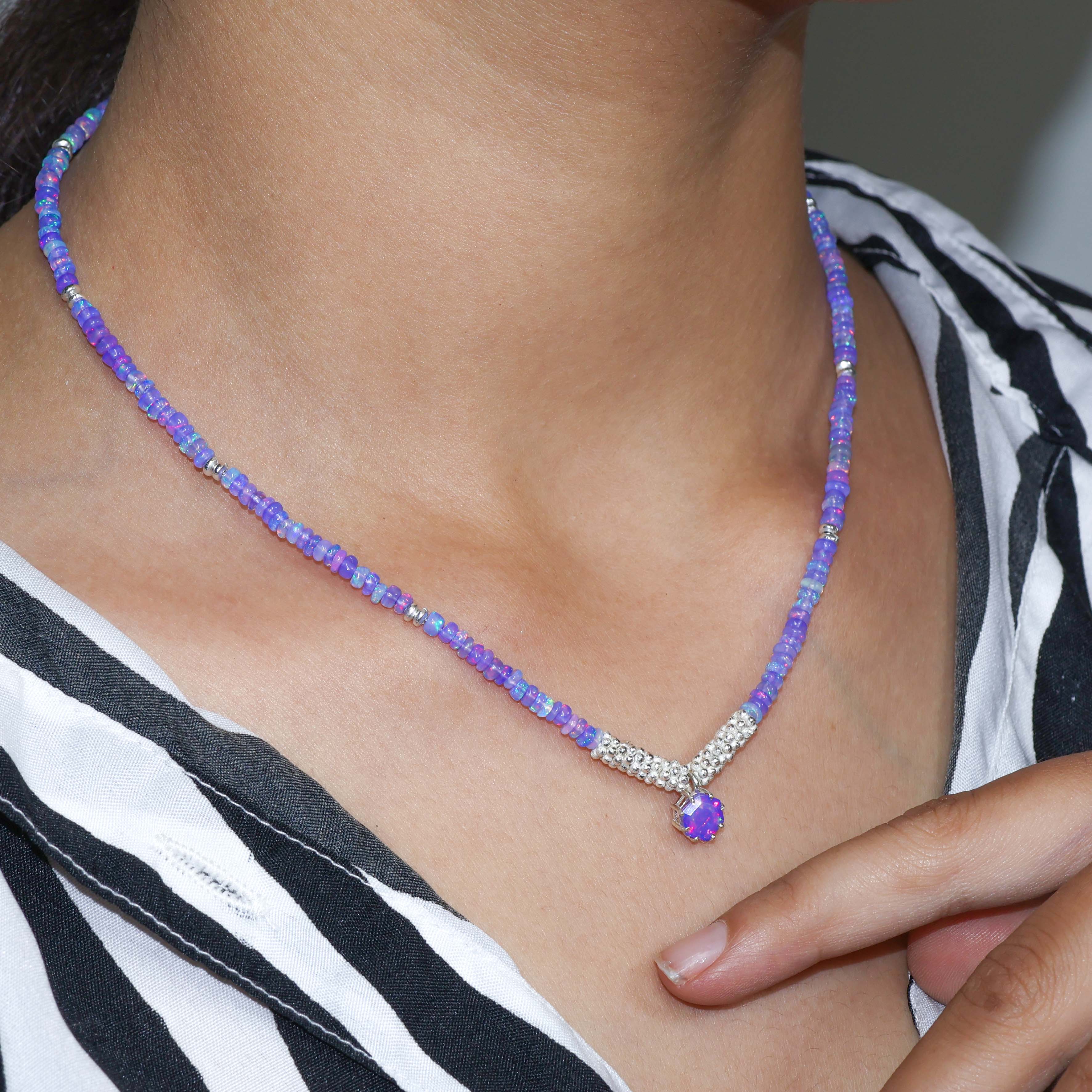 925 Sterling Silver Lavender Opal Beaded Necklace for Women - Elegant Bohemian Jewelry for Weddings, Parties & Everyday Wear