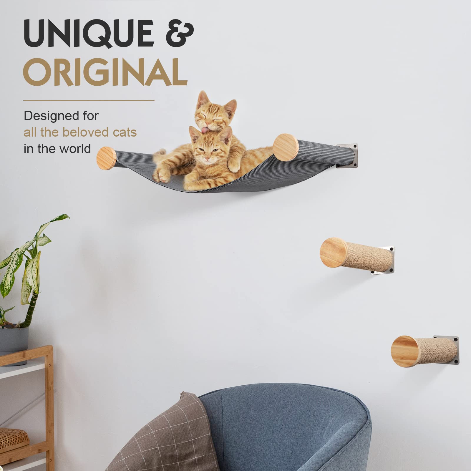 Premium Wall-Mounted Cat Hammock & Perch with 2 Steps - Modern Cat Wall Shelves for Indoor Cats - Grey Cat Furniture for Sleeping, Playing & Climbing - Perfect for Small Spaces & Cat Enrichment