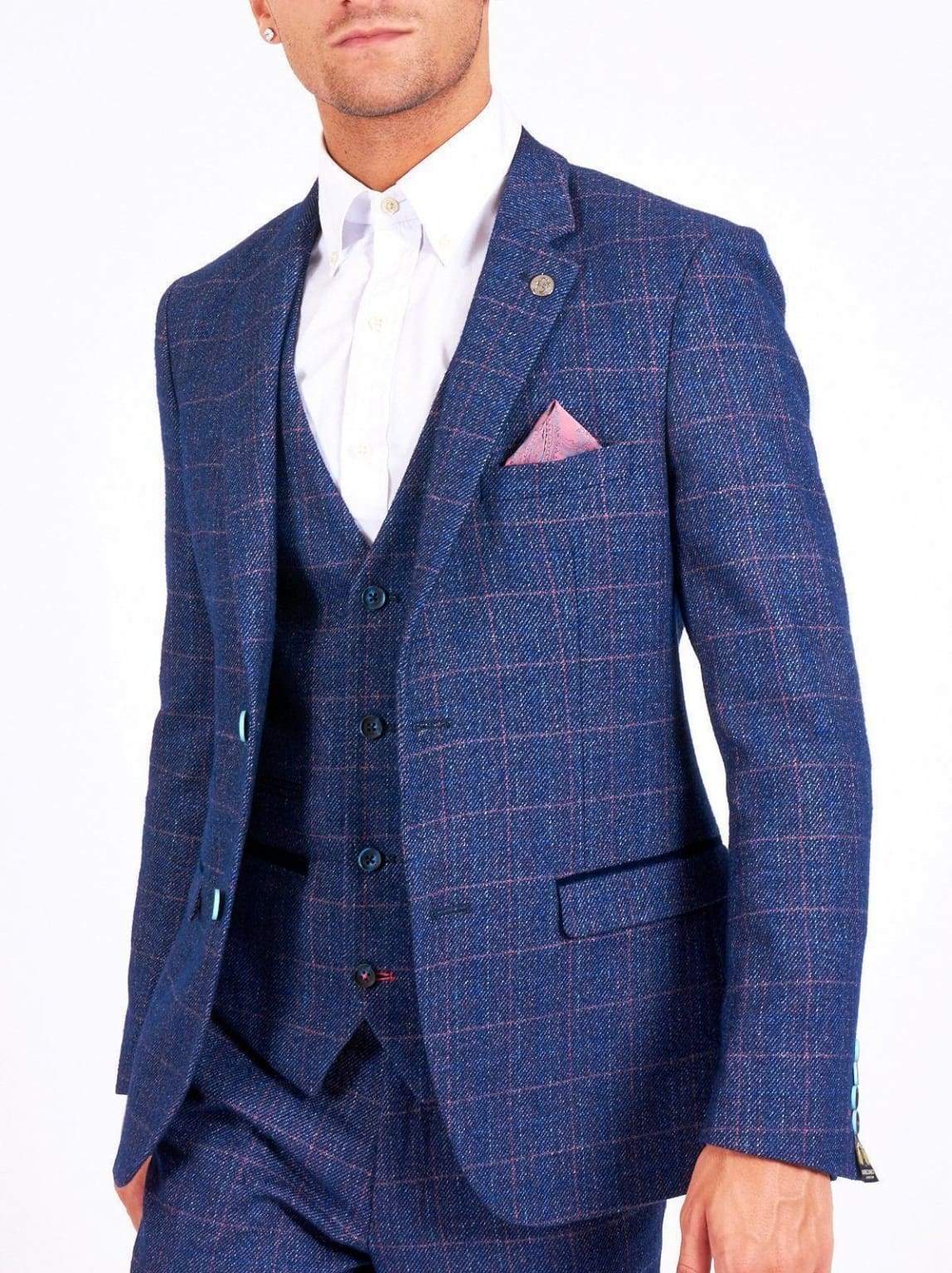 Marc Darcy Harry Men's Indigo Blue Slim Fit Tweed Check Suit Jacket - Stylish Formal Blazer for Business, Weddings & Special Occasions
