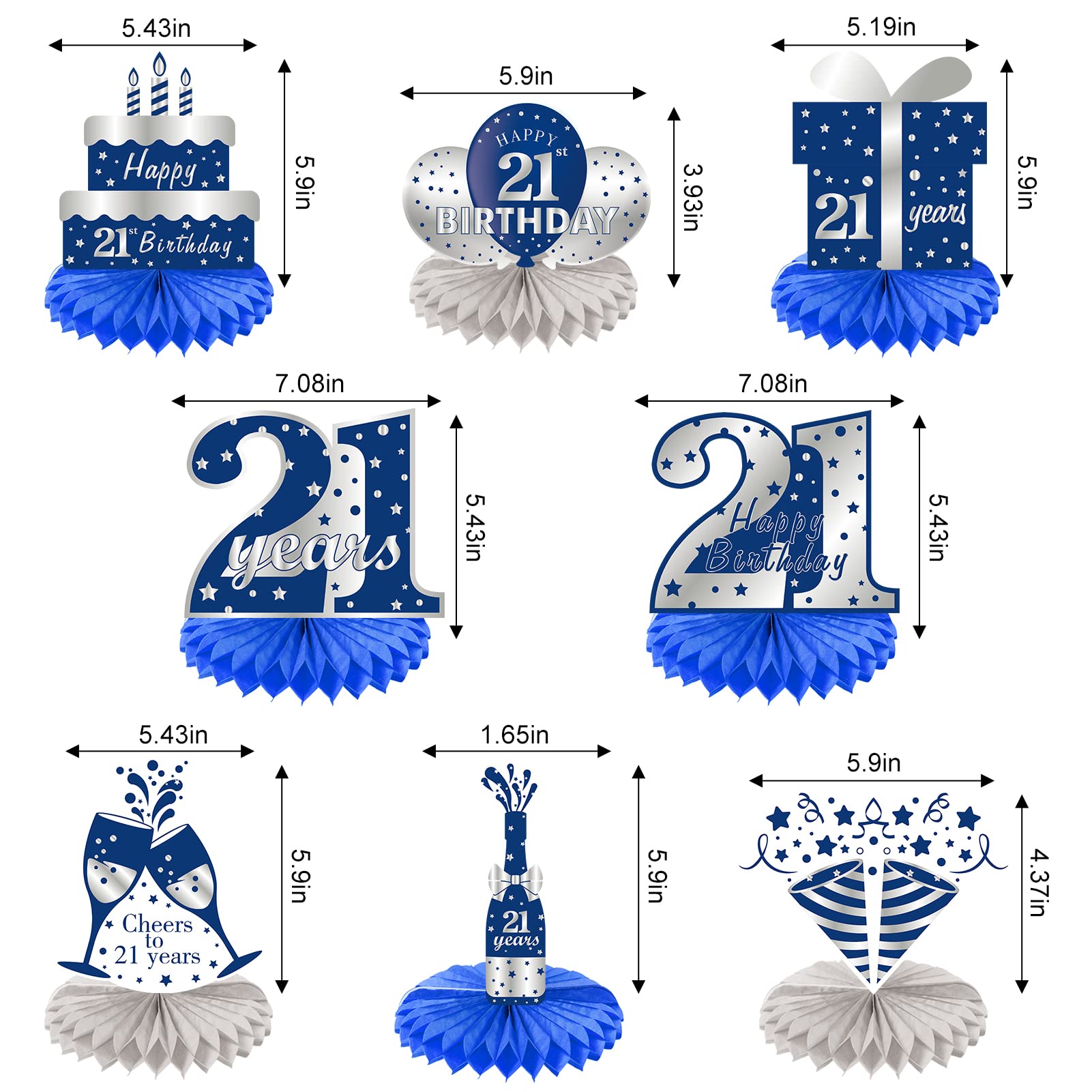 8Pcs Blue & Silver 21st Birthday Honeycomb Centerpieces Decorations for Men - Happy 21 Birthday Party Table Decorations, Twenty First Year Old Table Topper - Perfect for Adult Birthday Parties, Milestone Celebrations & Graduation Decor