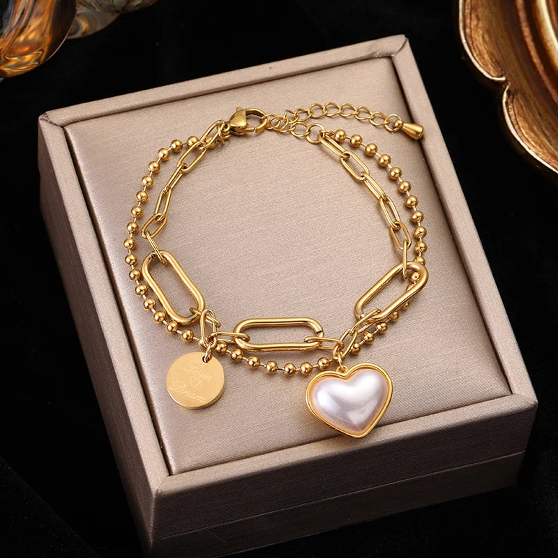 Stainless Steel Heart Pearl Charm Bracelet for Girls - Elegant Jewelry Gift for Women, Teens, Birthday, Valentine's Day, Party Wear