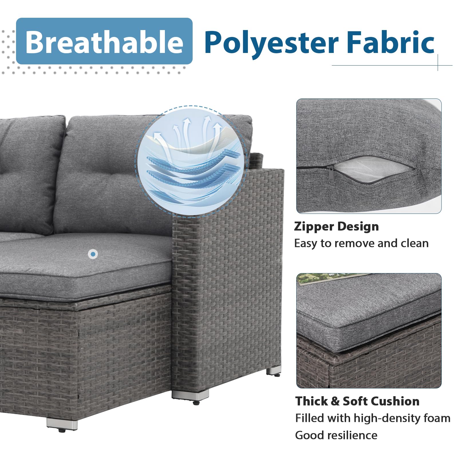 JOIVI 3-Piece All-Weather Outdoor Patio Furniture Set - Wicker Rattan Sectional Sofa with Cushions & Tempered Glass Table - Gray - Perfect for Backyard, Garden, Poolside & Patio Relaxation