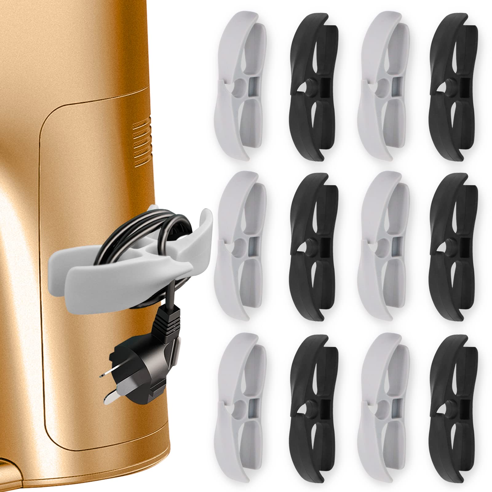 Upgraded Adhesive Cord Organizer for Kitchen Appliances - 12 Pack Cable Winder Wrapper Holder for Coffee Makers, Mixers, Pressure Cookers & Air Fryers (Black+Grey) | Keep Countertops Tidy & Prevent Tangles