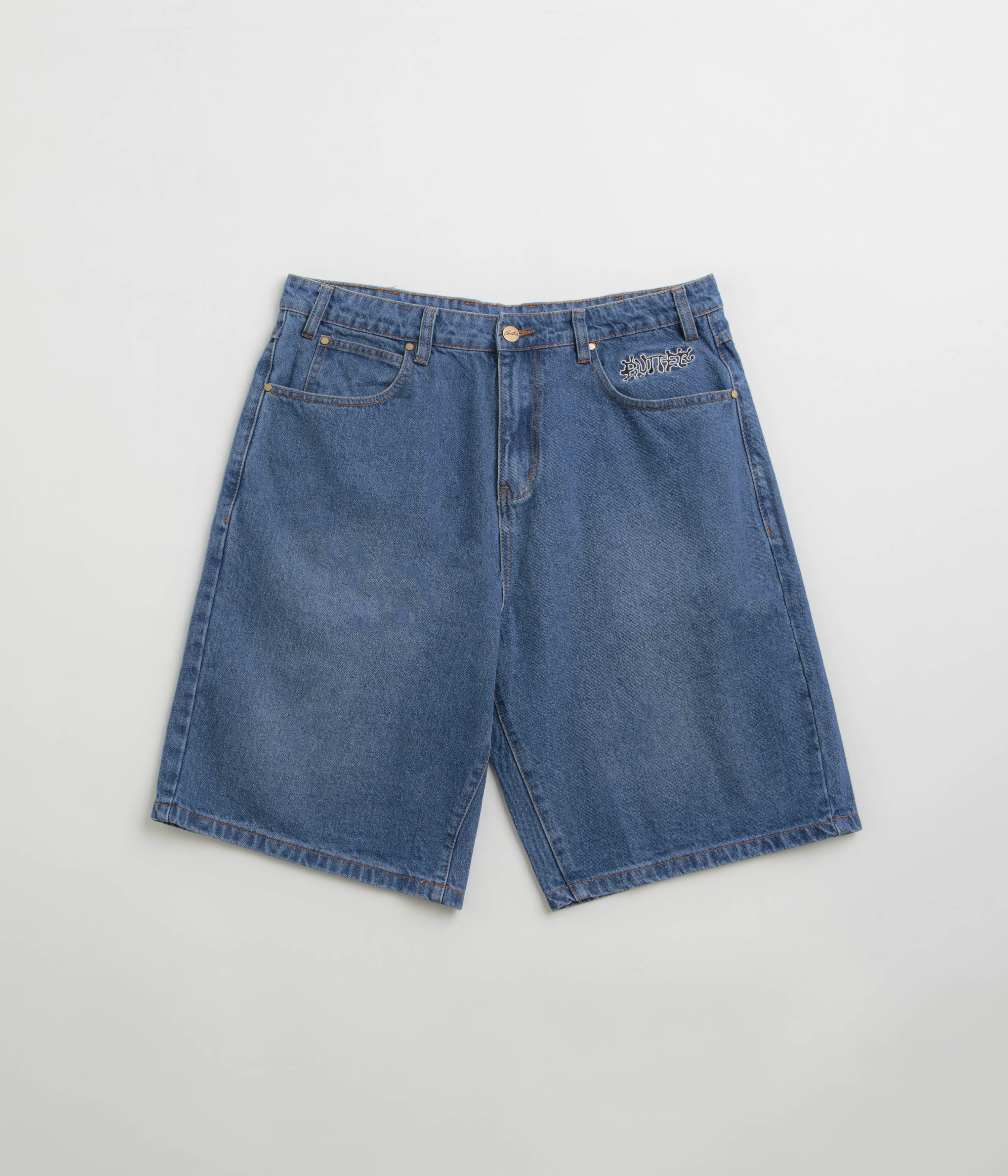 Butter Goods Ink Denim Shorts for Men - Distressed Worn Blue Denim Shorts | Casual Streetwear for Summer Outfits & Beach Vacations