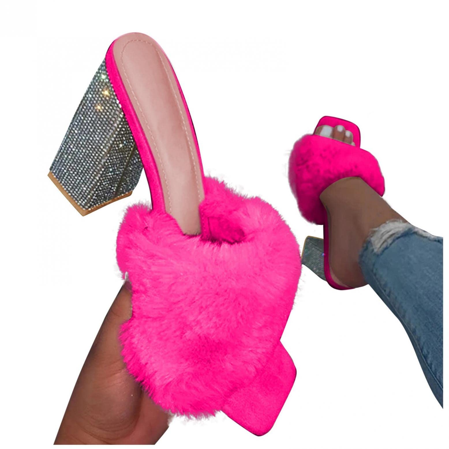 Xudanell Women's Square Toe Rhinestone Heeled Sandals - Sparkly Diamond Fuzzy Slides for Parties, Nightclubs & Special Occasions | Sexy Stripper Heels for Women