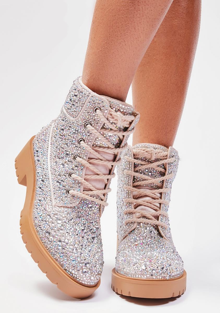 Sparkly Rhinestone Combat Boots for Women - Glitter Ankle Booties with Bling | Perfect for Parties, Night Out & Festivals