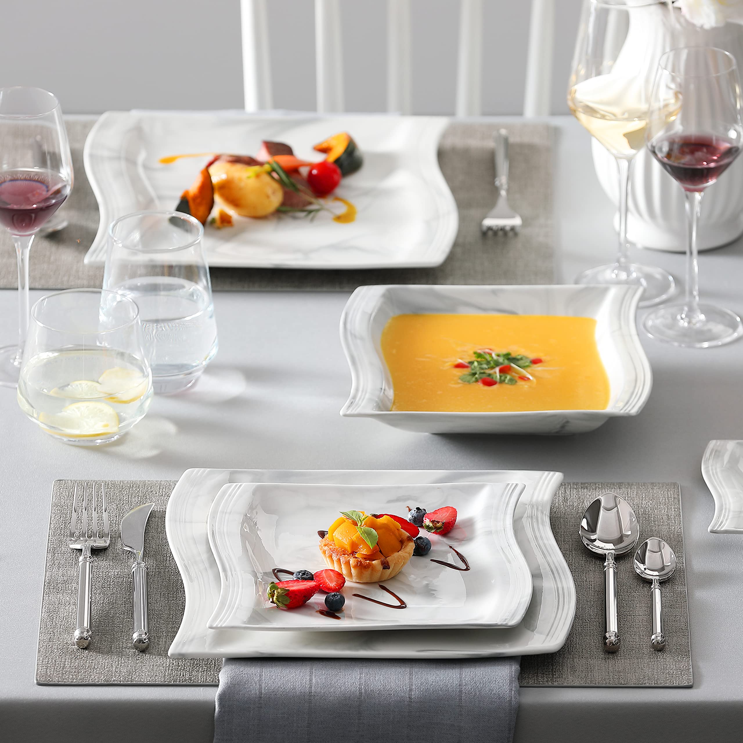 MALACASA 30-Piece Porcelain Dinnerware Set for 6 - Square Plates, Bowls, Cups & Saucers in Modern Marble Grey (Flora Series) - Perfect for Family Dinners, Parties & Restaurant Use