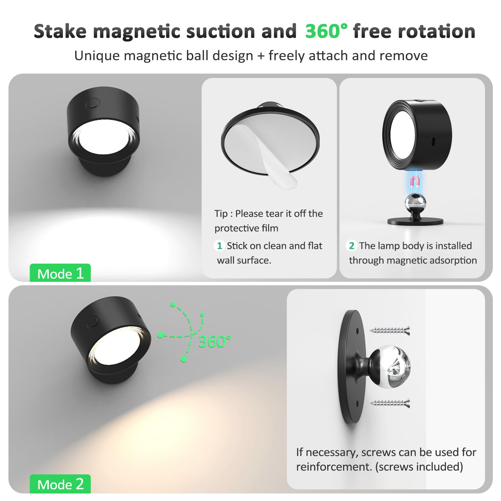 2 Pack LED Wall Sconces with Remote Control - Rechargeable Battery Operated Wall Lights, 3 Color Temperatures & Dimmable, 360° Magnetic Rotation for Bedroom, Hallway, Staircase Lighting