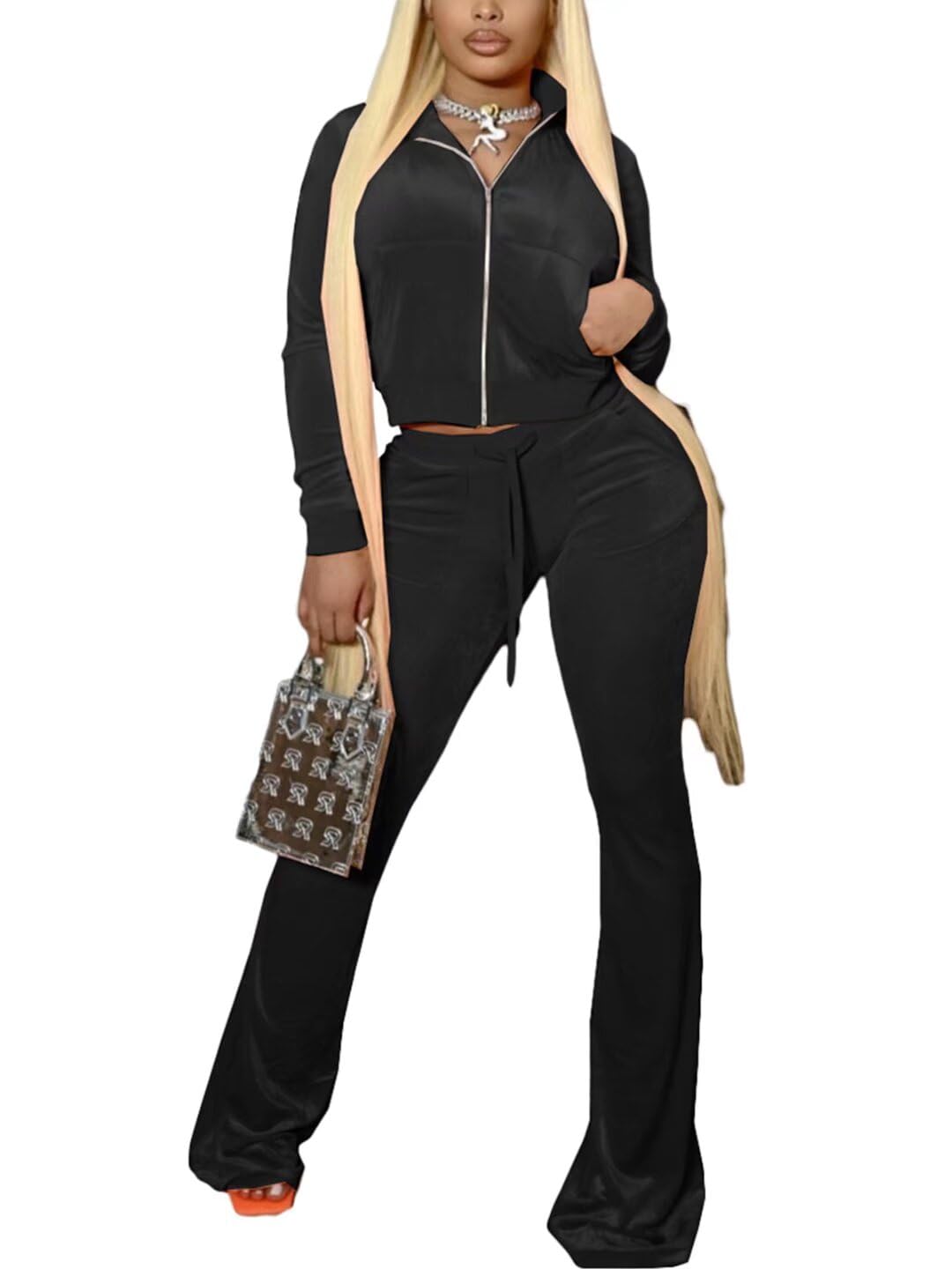 Women's 2-Piece Velour Tracksuit Set - Crop Jacket & Flare Pants | Lounge Wear, Gym Outfits & Street Style Fashion for Comfort & Style