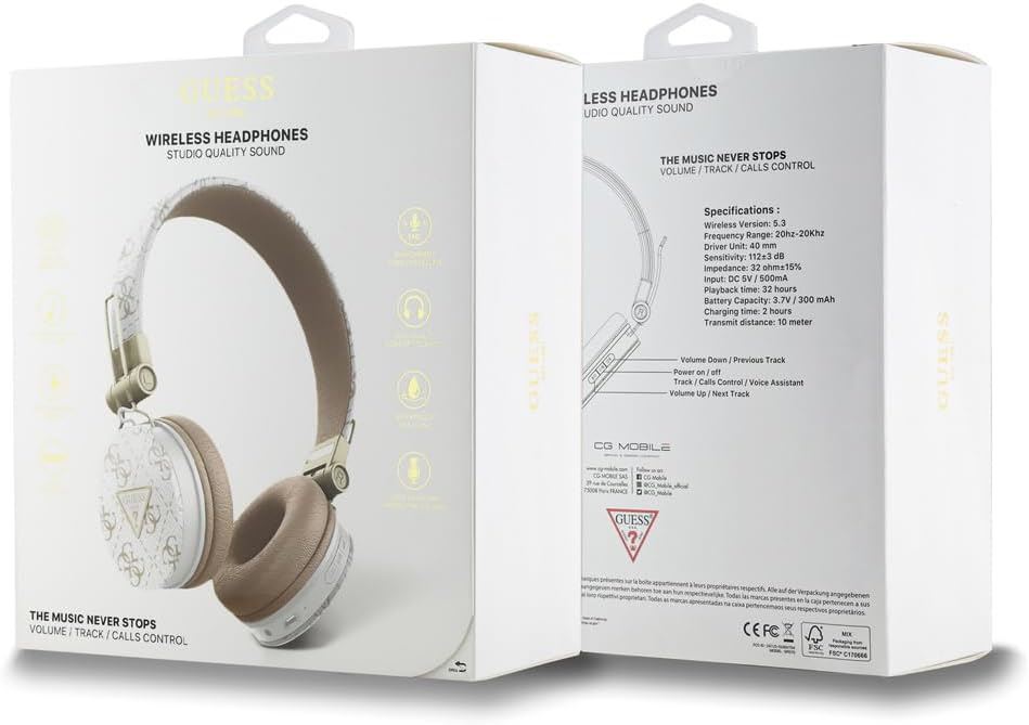 Guess 4G Bluetooth On-Ear Headphones with ENC, Triangle Round Design - White (GUBH70E4PTMH) | Perfect for Commuting, Workouts & Travel