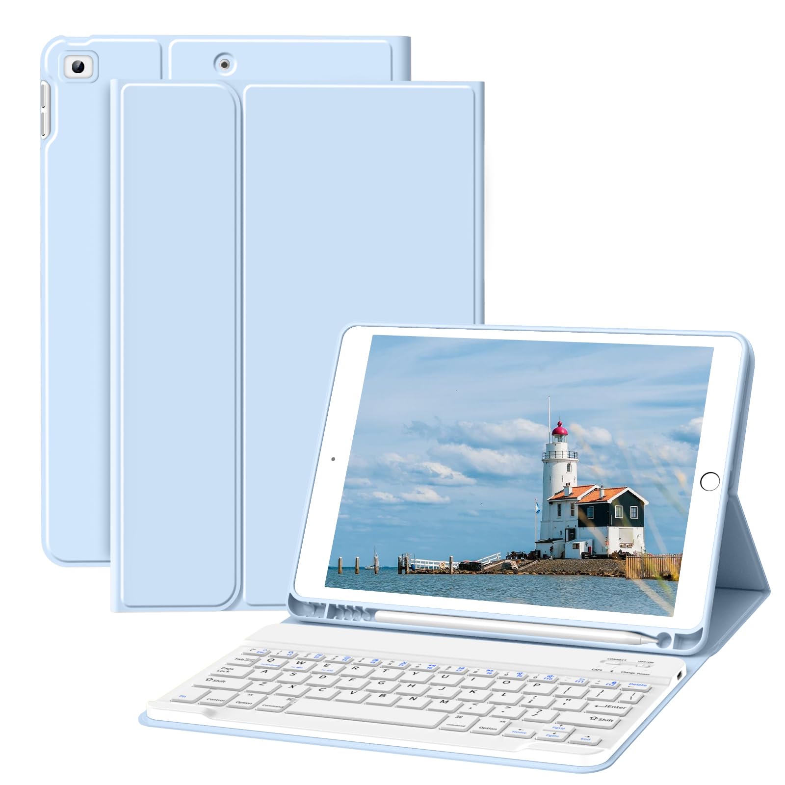 JKSML 9.7 Inch Bluetooth Keyboard Case for iPad 6th/5th Gen (2018/2017) & iPad Air 2/Air 1 - Detachable Rechargeable Keyboard with Pencil Holder, Auto Sleep/Wake Function - Perfect for Work, Study & Travel (Blue)