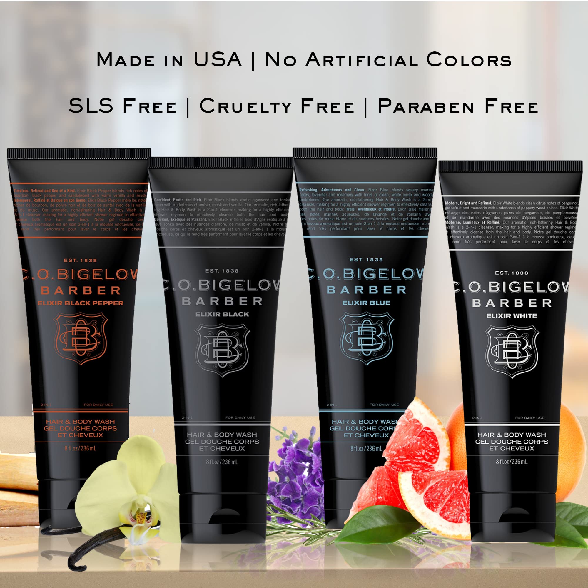C.O. Bigelow Men's Hair & Body Wash - Elixir Black No. 1605 | 8 oz Musk & Vanilla Moisturizing Shampoo & Body Cleanser for Men | Gym, Travel & Daily Use