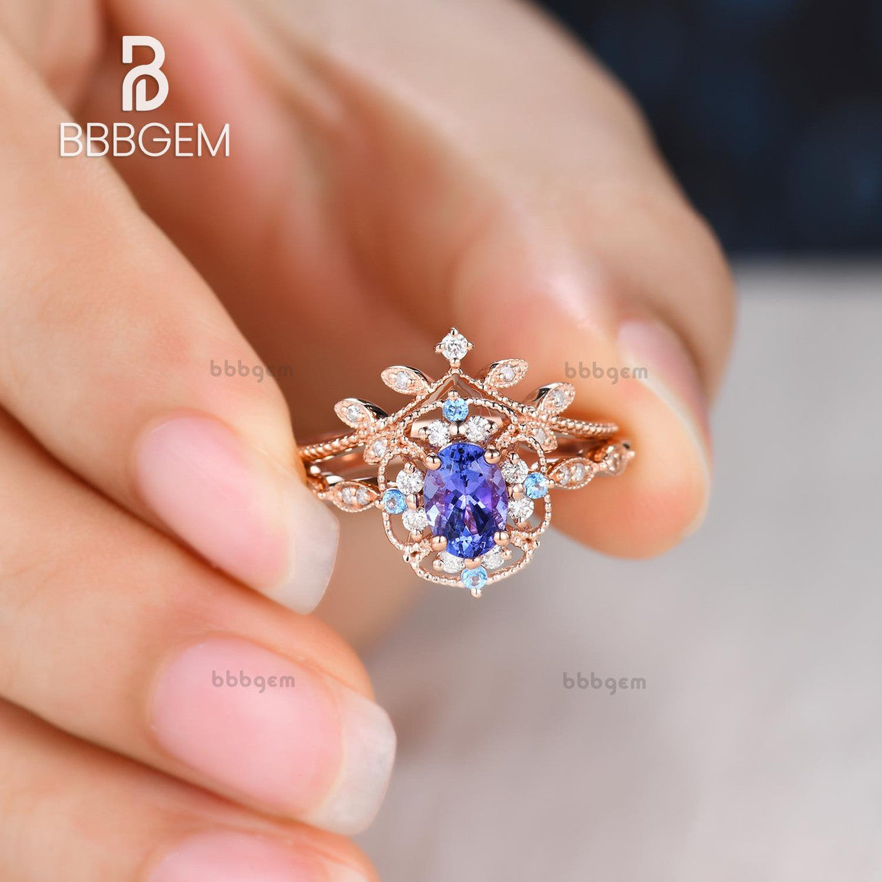 Exquisite Rose Gold Tanzanite Engagement Ring & Art Deco Diamond Wedding Ring Set for Women - Vintage Bridal Jewelry, Anniversary Gift, Proposal Present