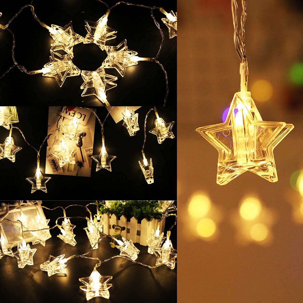 Star Clip LED String Lights - 6m/40LED Warm White Twinkle Lights with Photo Clips, Battery Powered for Hanging Photos, Cards & Artwork - Perfect for Bedroom, Wedding, Party & Home Decor