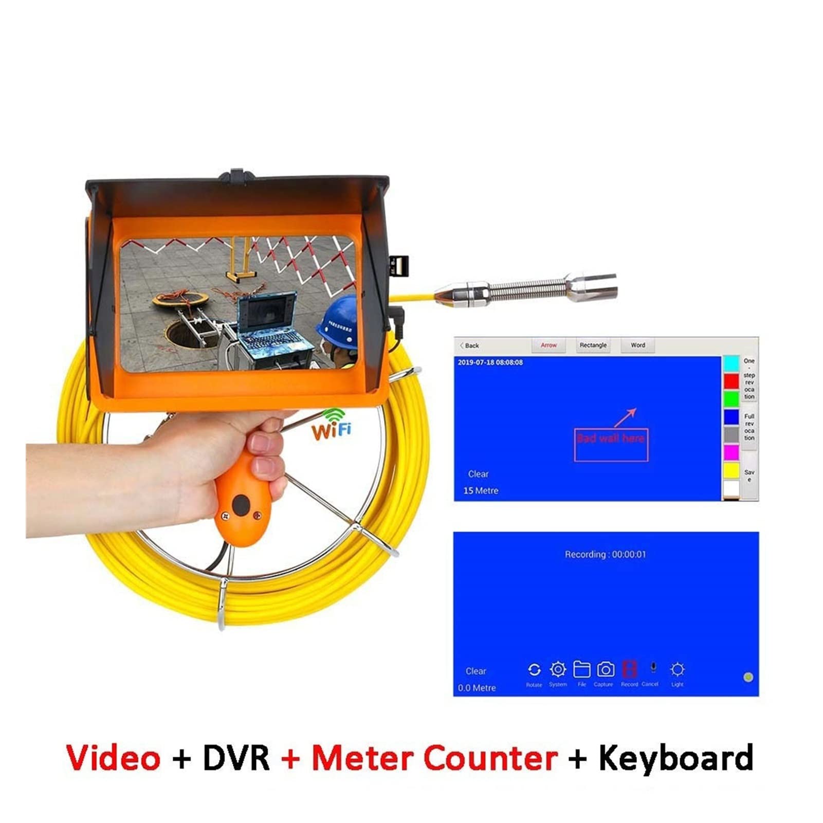 HUACHEN-LS 10M Yellow Endoscope Camera for Pipe & Sewer Inspection with DVR