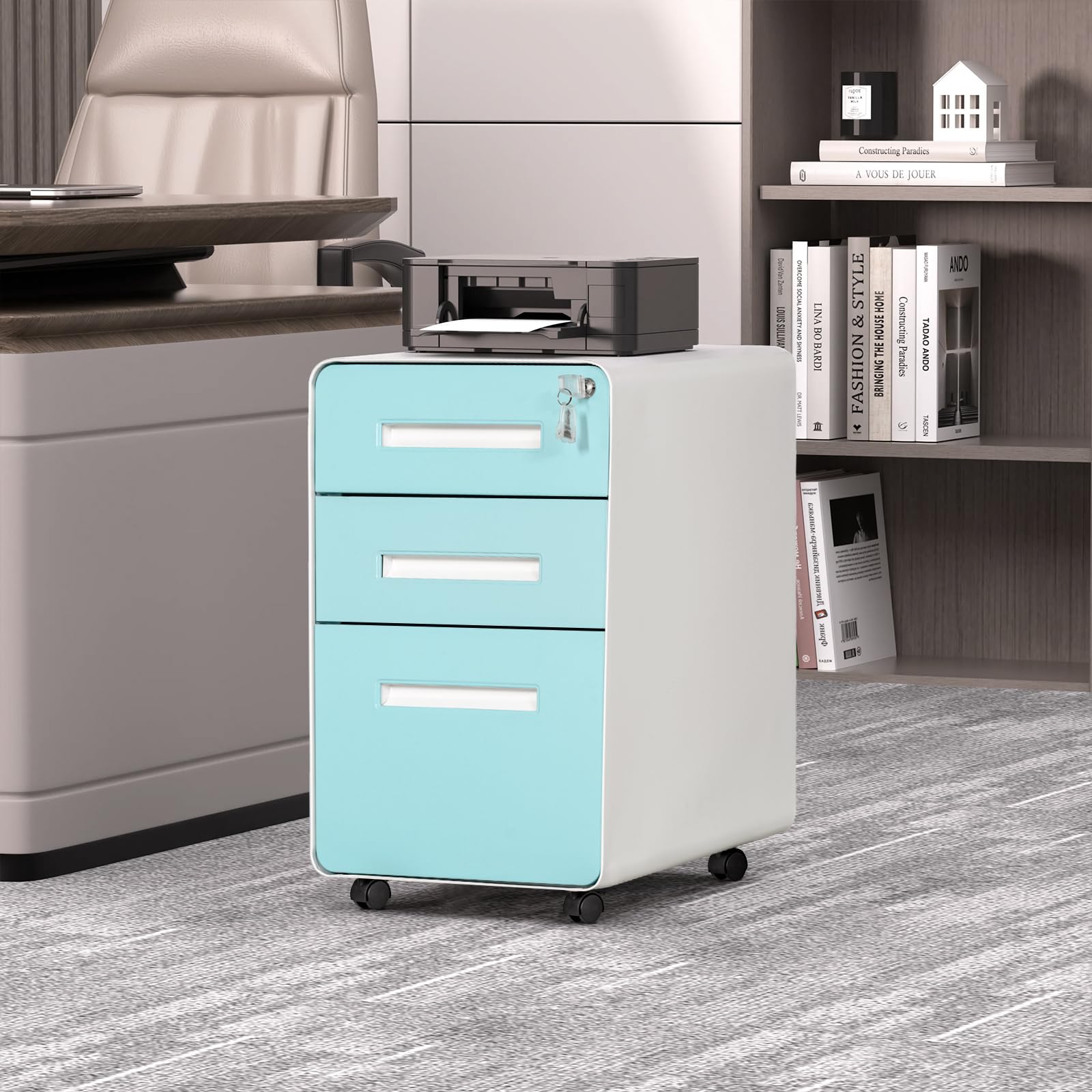 Panana 3-Drawer Mobile File Cabinet with Lock - Under Desk Metal Rolling Storage for Legal/Letter Files - Wheels & Adjustable Feet for Home & Office Use - Fully Assembled (Blue, Size 1) - Perfect for Document Organization in Small Spaces & Shared Workspaces