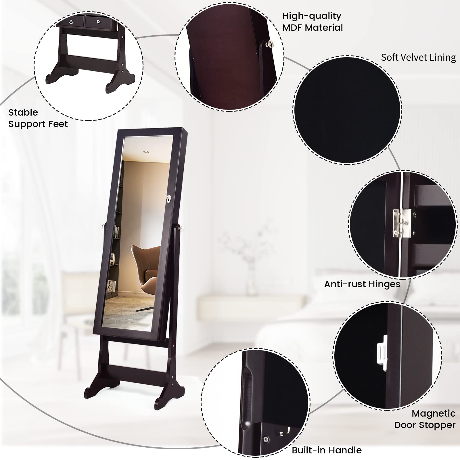 COSTWAY Full Length Standing Mirror Jewelry Cabinet with LED Lights - Large Lockable Jewelry Organizer Armoire for Women & Girls, 4 Adjustable Angles, Brown - Perfect for Bedroom, Dressing Room & Closet Organization