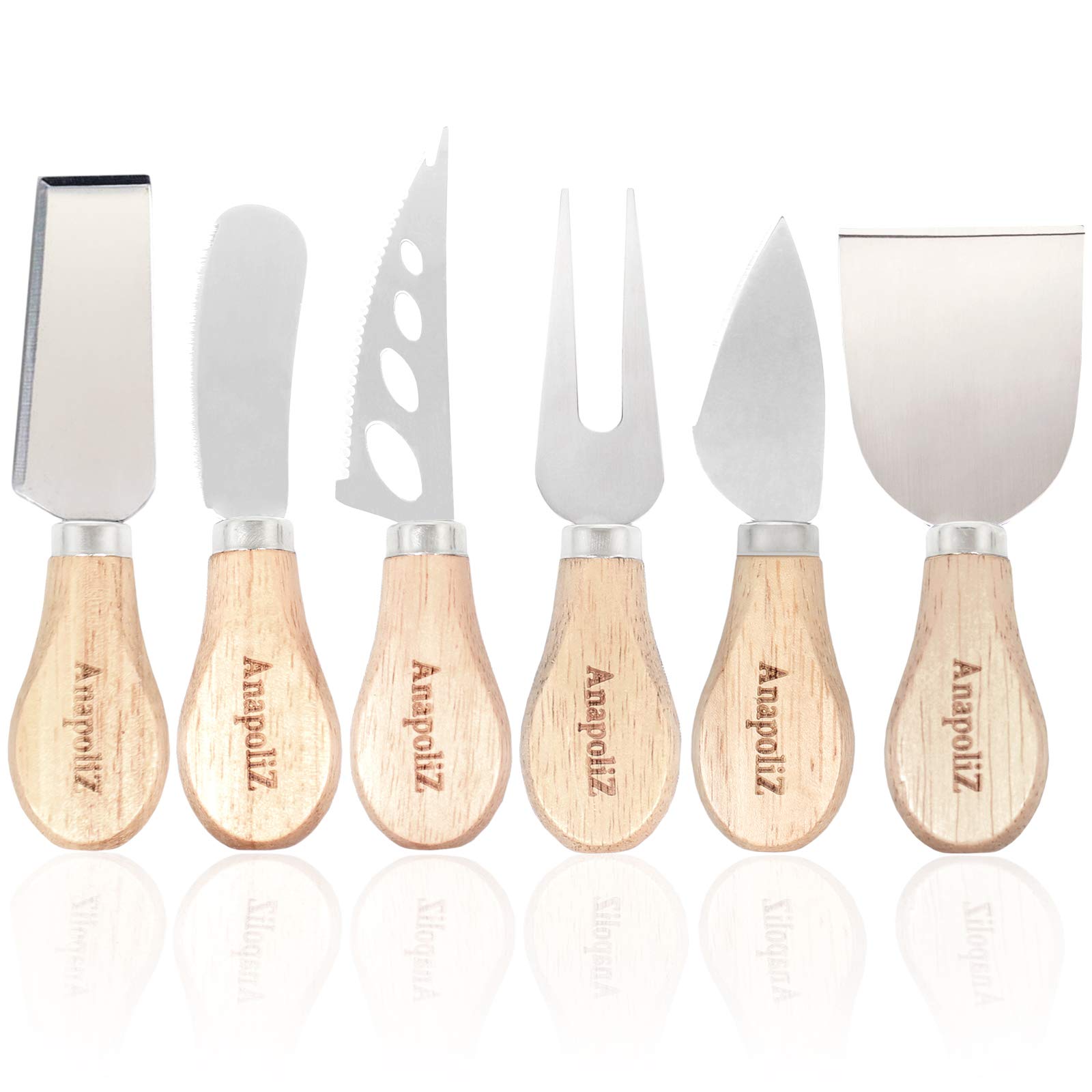 AnapoliZ 6-Piece Stainless Steel Cheese Knife Set with Wooden Handles - Includes Narrow Plane Knife, Cheese Fork, Small Spade, Spreader, Shaver & Open Work Blade - Perfect for Gourmet Cheese Boards, Wine Pairings & Dinner Parties
