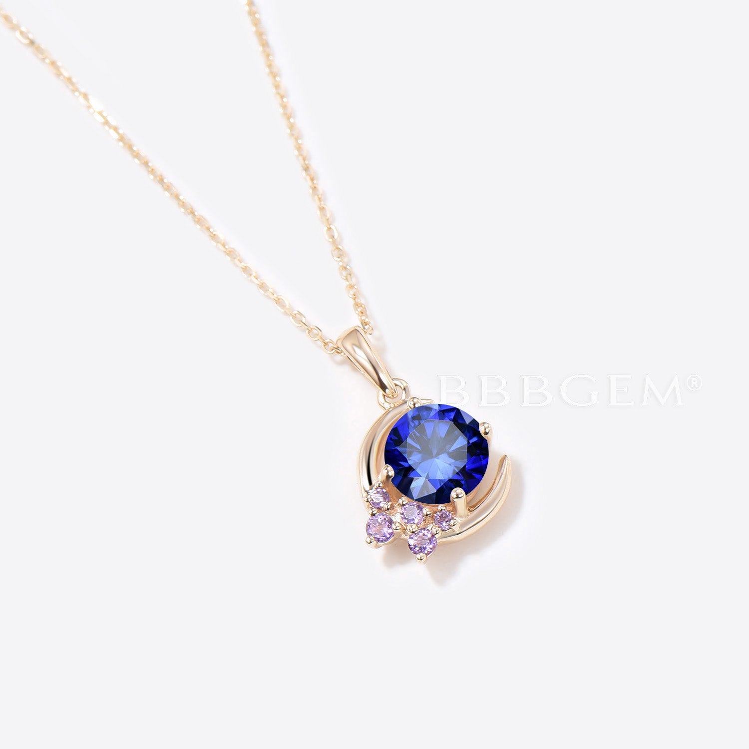 5mm Round Blue Sapphire & Amethyst Cluster Pendant Necklace - Moon Design Elegant Jewelry for Women, Perfect for Wedding, Party & Gift Giving