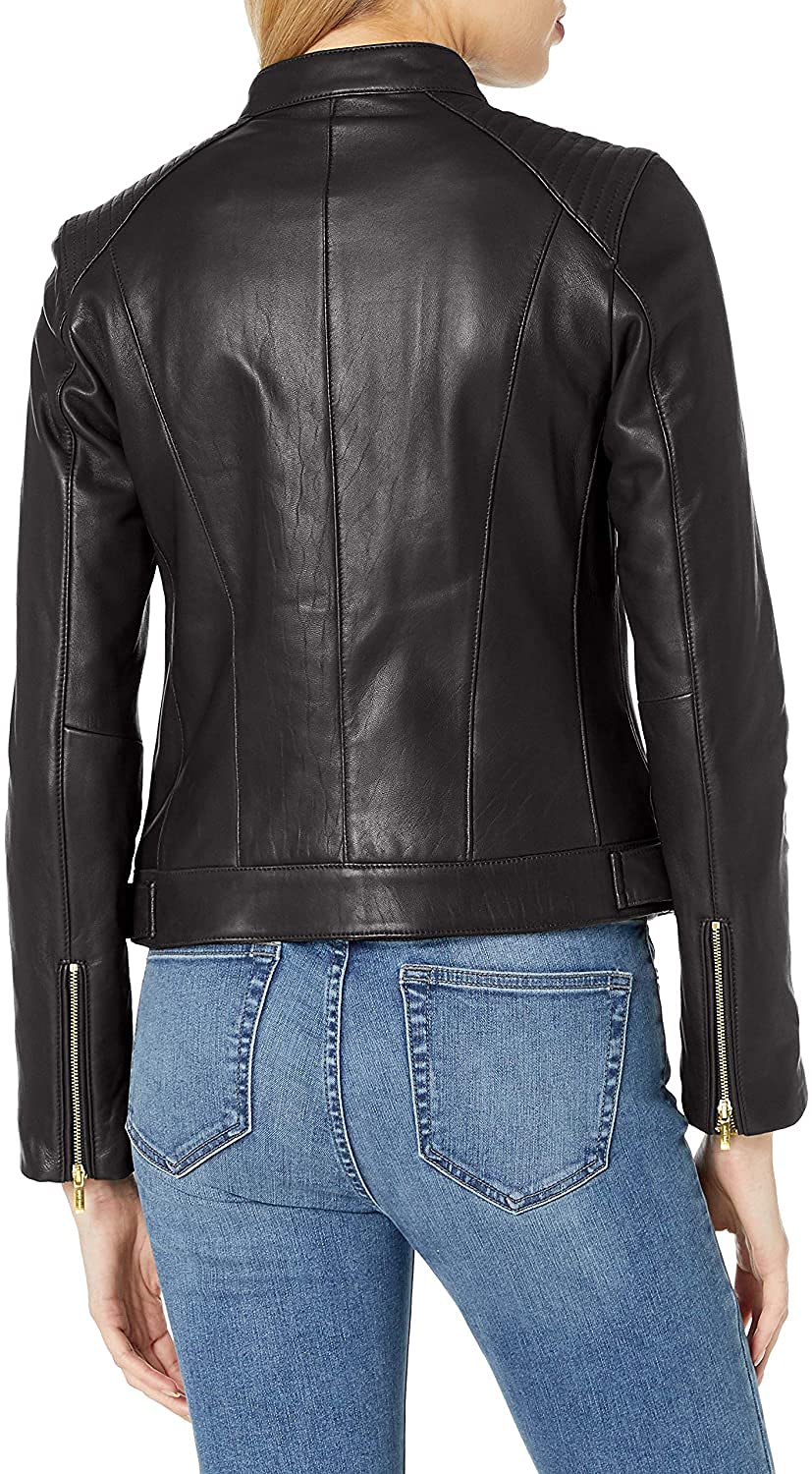 Genuine Lambskin Leather Jacket for Women - Quilted Detailing, Medium Size (Black) | Perfect for Casual Outfits, Night Out & Fall Fashion