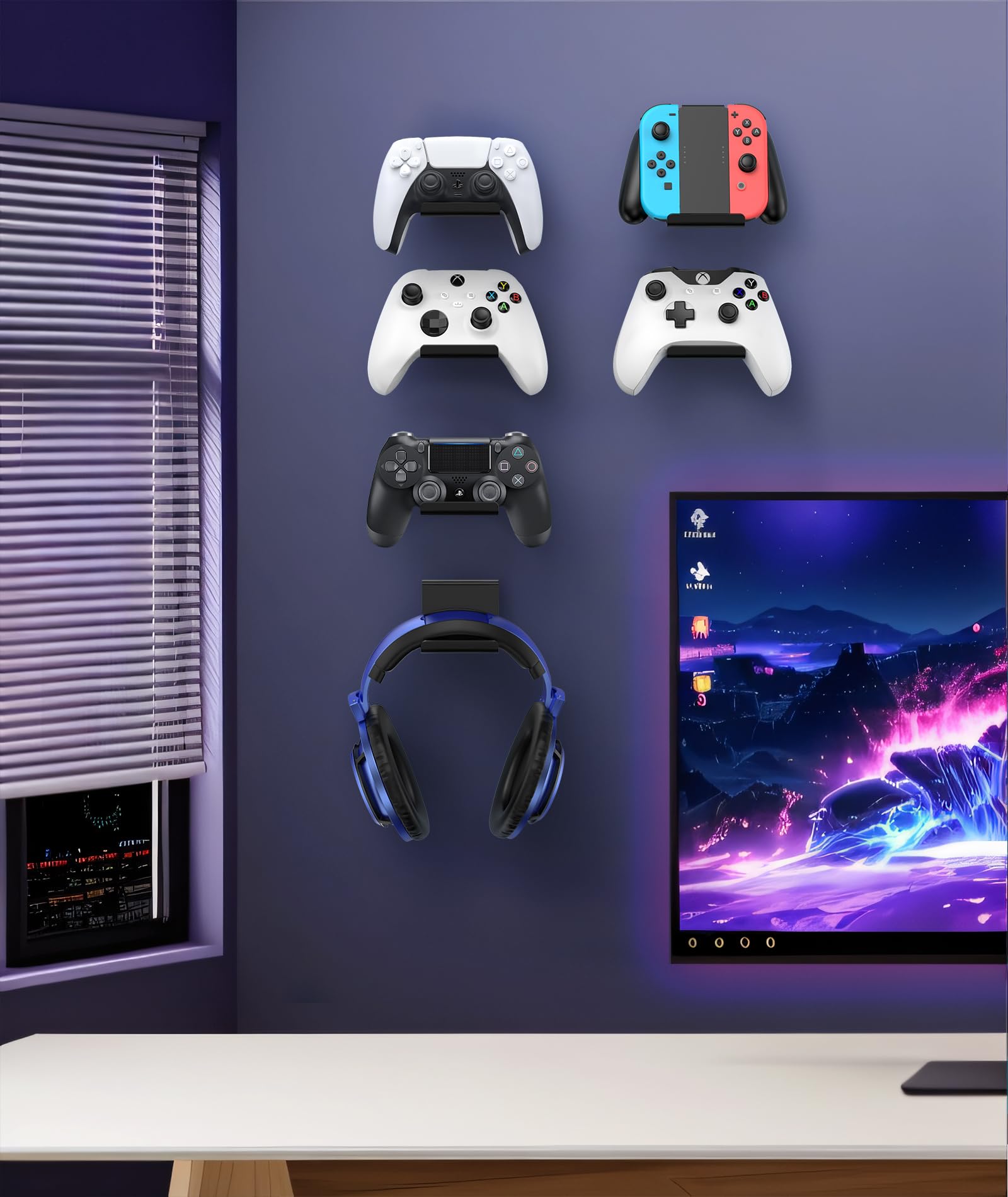 4 Pack Foldable Wall Mount Holder for Xbox PS5 PS4 PS3 Switch Pro - Strong Adhesive & Screw Mount Controller Stand with Anti-Slip Pad - Universal Gaming Remote & Headphone Accessories - Perfect for Organized Gaming Setup & Space Saving