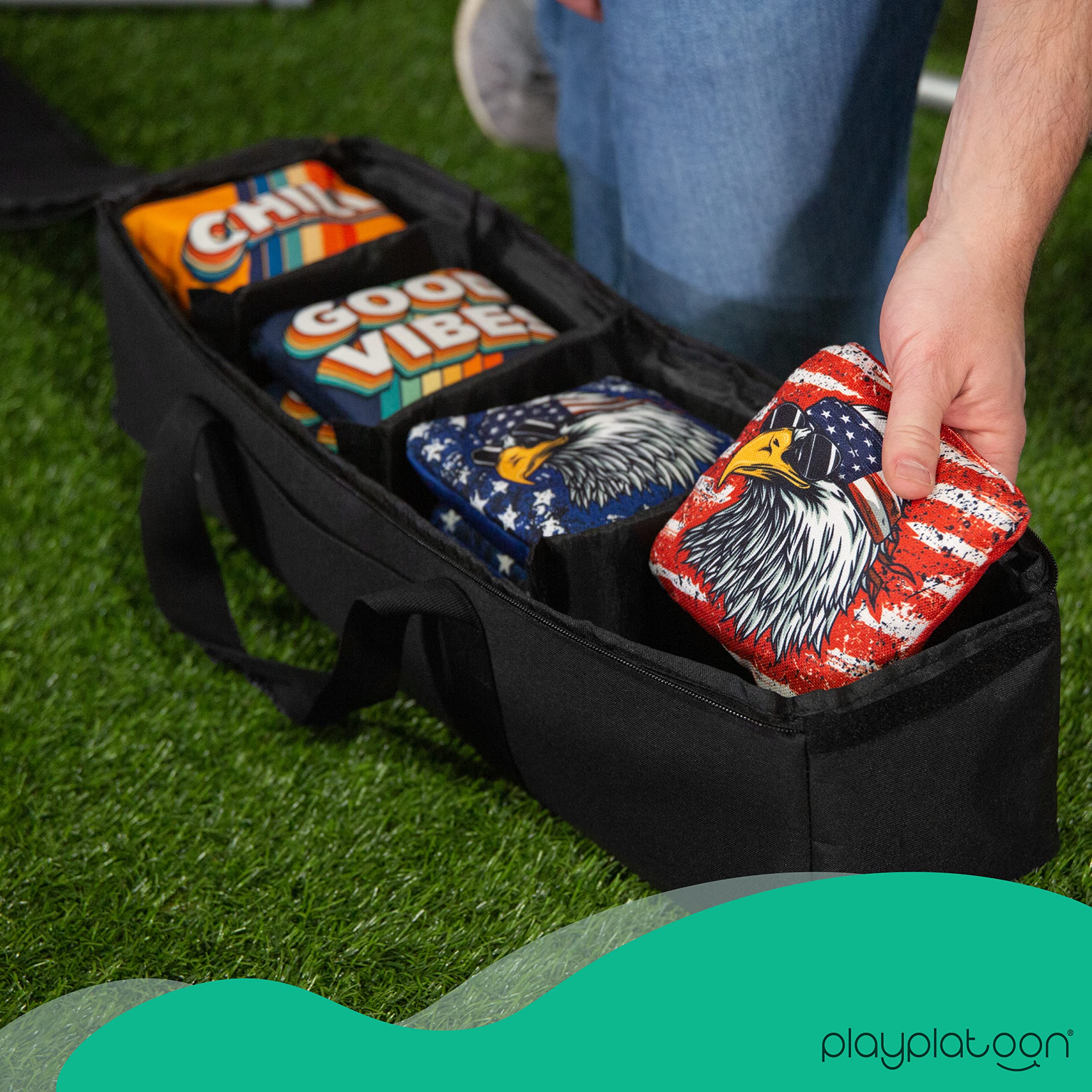 Premium Cornhole Bags Carrying Case with 4 Separate Pouches & Handle - Durable Duffel Design Holds Up to 24 Bean Bags - Perfect for Cornhole Tournaments, Tailgating, and Backyard Games (Black)