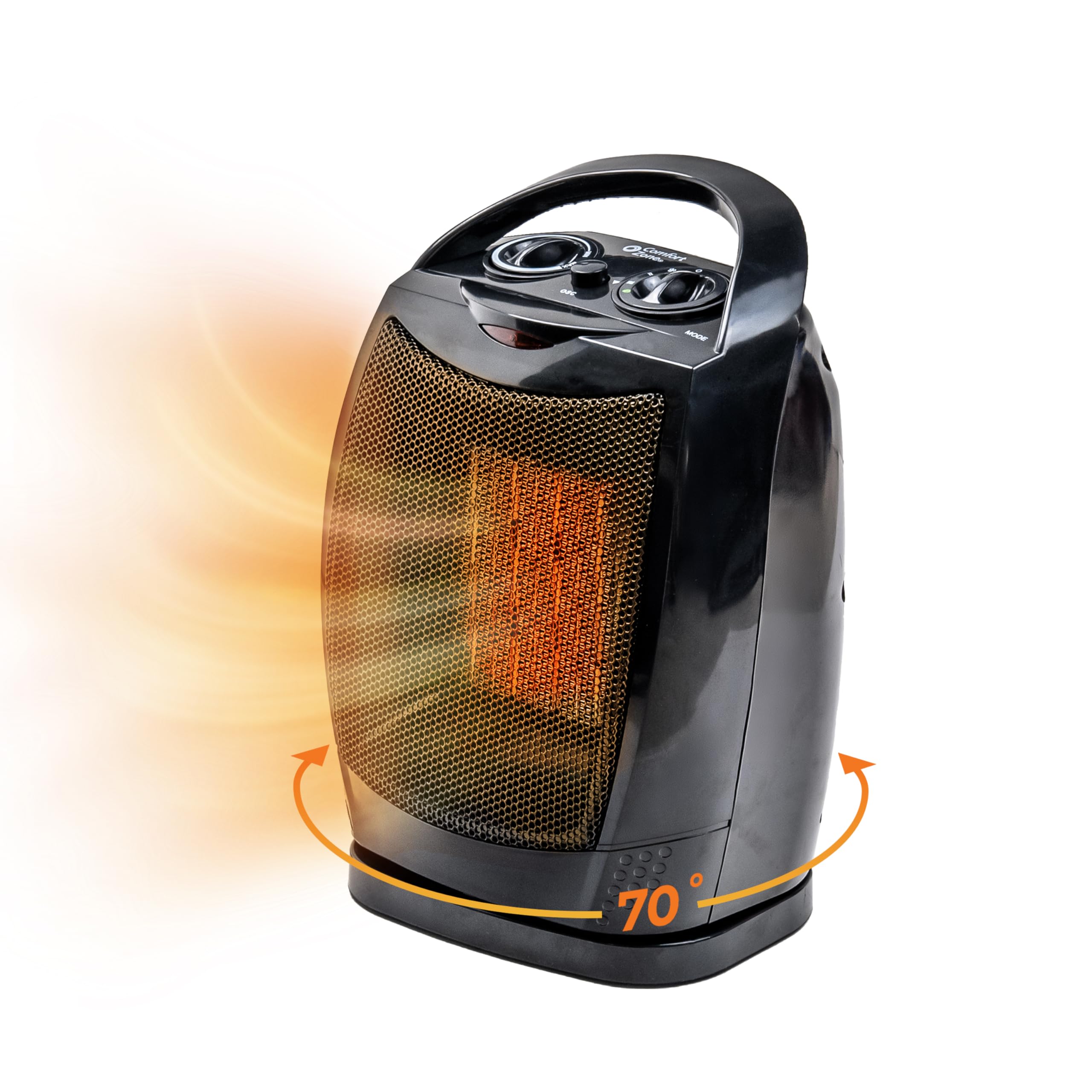 Comfort Zone Portable Ceramic Space Heater - 1500W Fast Heating, 70° Oscillation, Thermostat Control | Quiet Fan Forced Heater for Bedroom, Office & Small Rooms up to 200 Sq.Ft | Indoor Use for Winter, Home & Office Warming (Black)