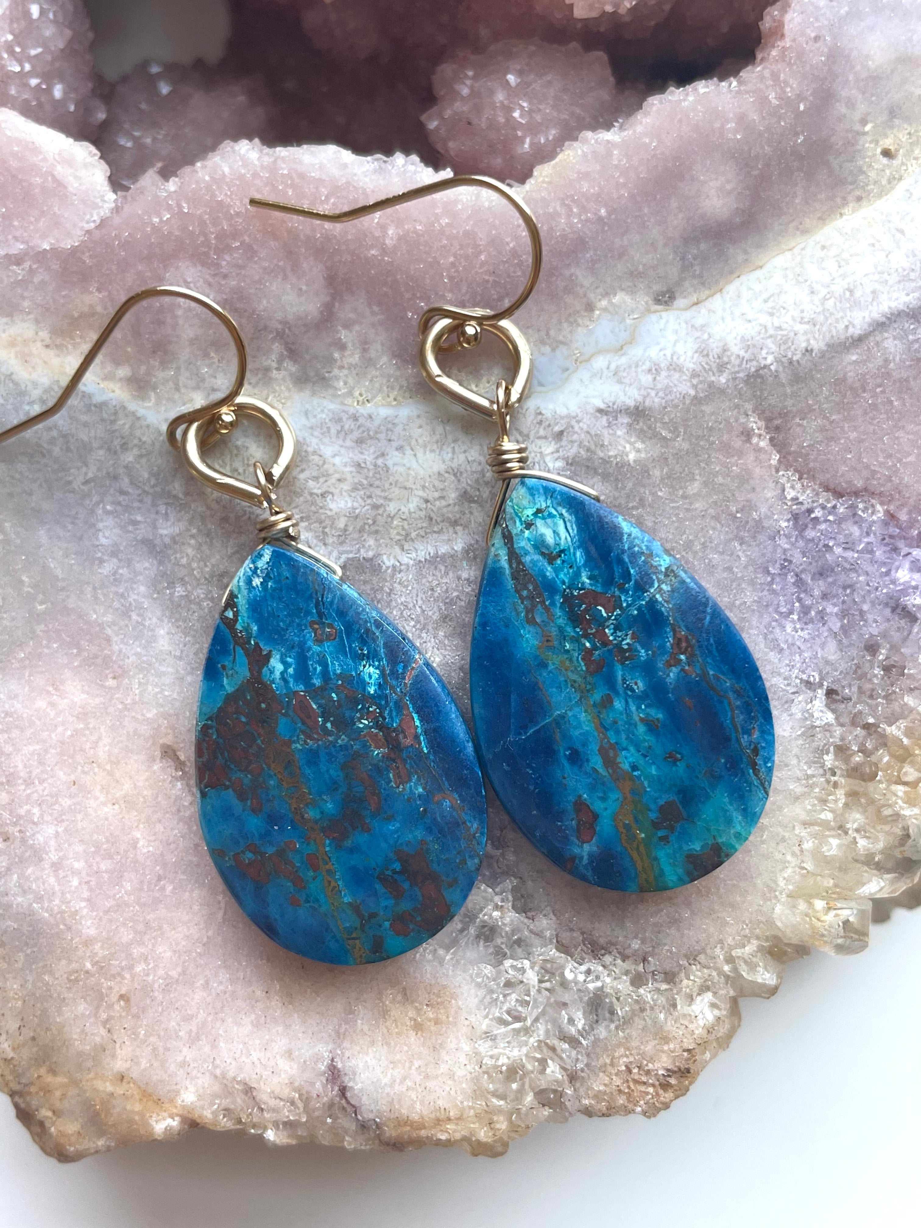 Large Chrysocolla Gold Filled Statement Crystal Gemstone Earrings for Women | Elegant Bohemian Jewelry for Parties, Weddings & Special Occasions