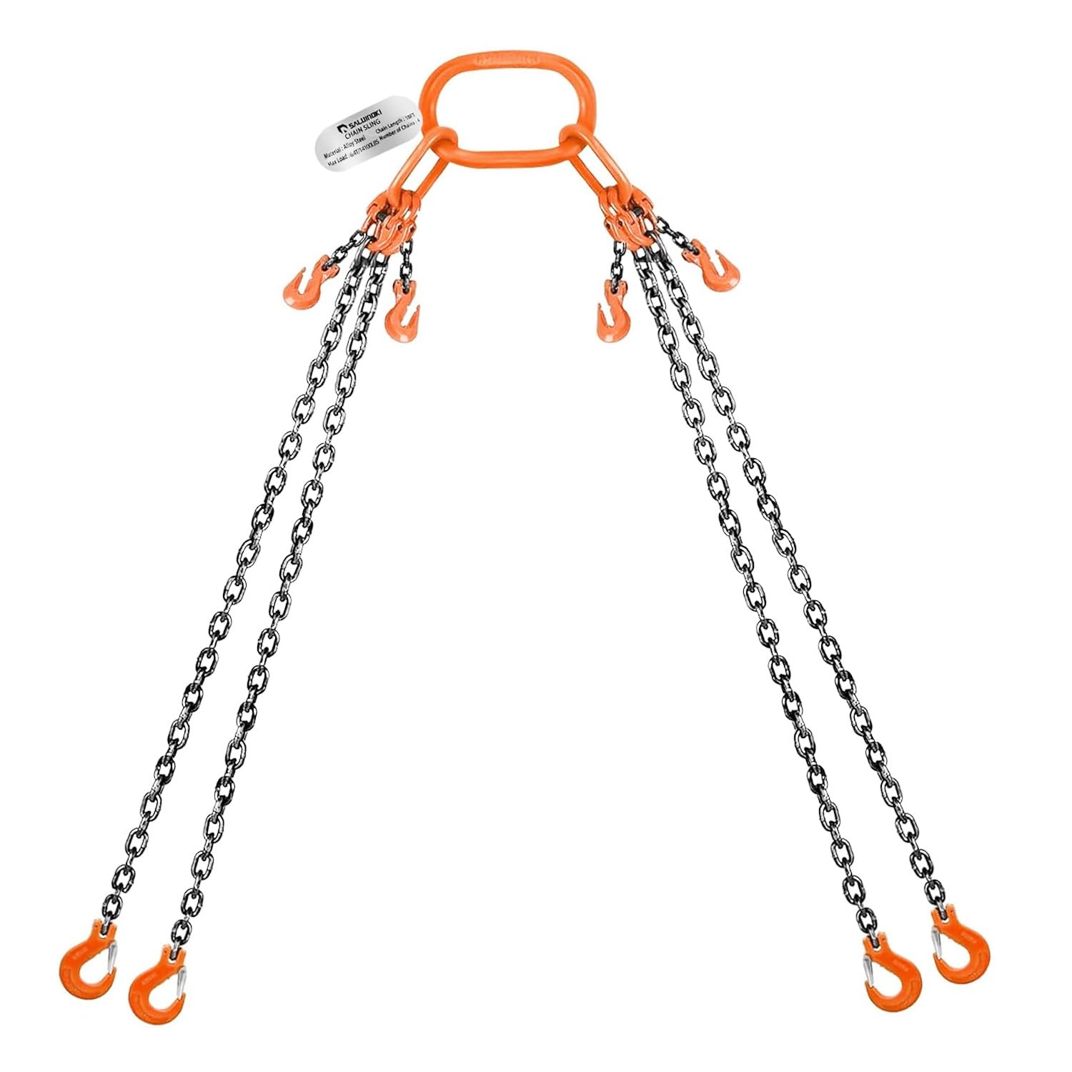 4-Way Chain Lifting Sling with Heavy Duty Hooks - 10Ft x 5/16 Inch - 14,000 lbs (6.4 Ton) Capacity - for Towing, Rigging, Construction & Automotive Lifting
