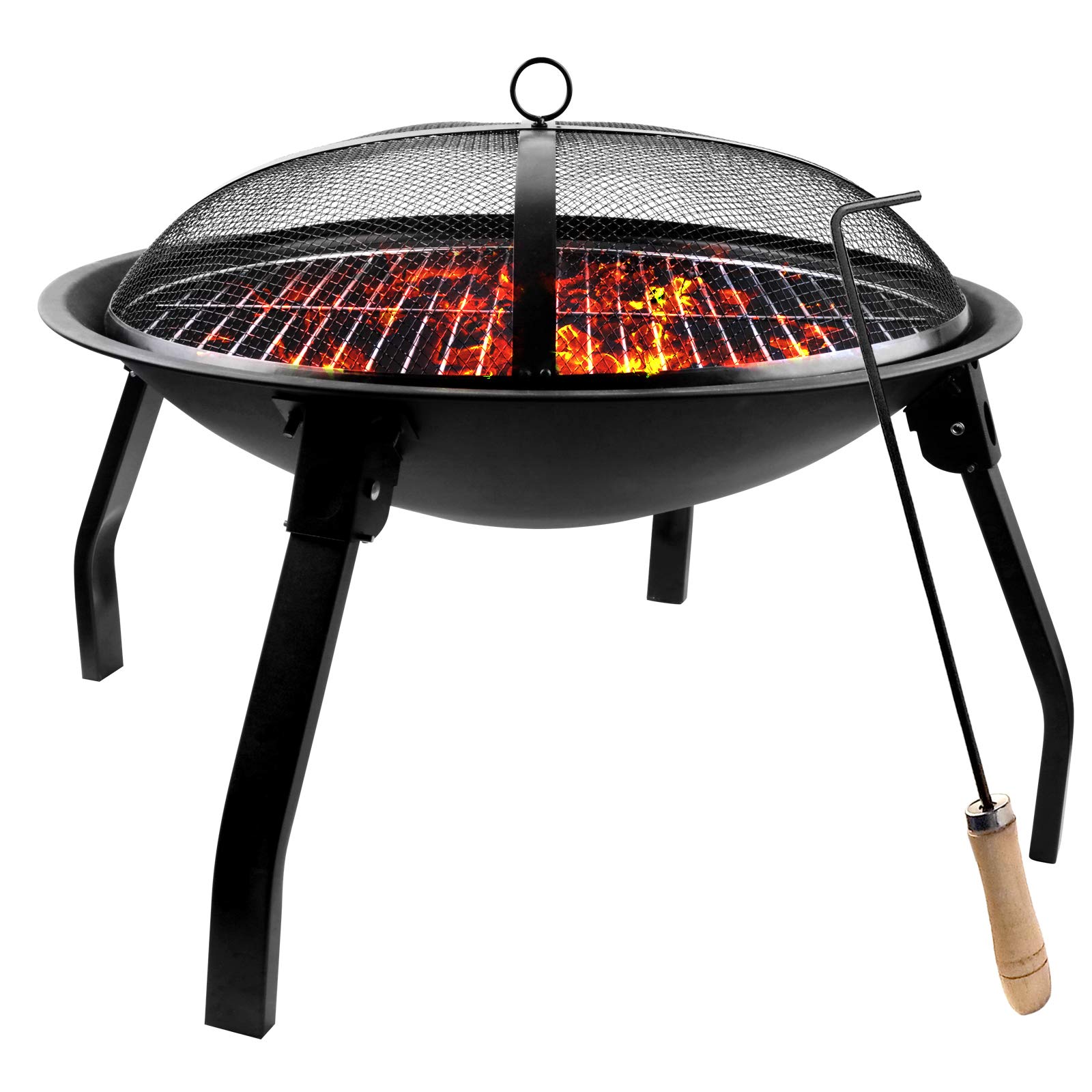 22 Inch Portable Folding Fire Pit - Outdoor Wood Burning Steel BBQ Grill with Mesh Spark Screen & Poker - Perfect for Camping, Backyard, Beach & Patio Gatherings