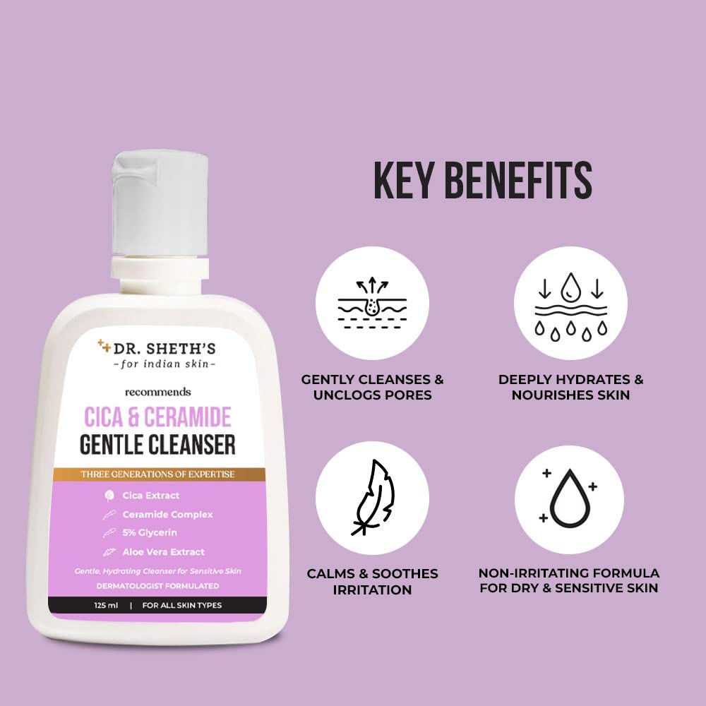 Dr. Sheth's Cica & Ceramide Gentle Cleanser | Hydrating Face Wash for Normal, Dry & Sensitive Skin | 5% Glycerin & Aloe Vera | Fragrance-Free & Soap-Free | Men & Women | 125ml | Perfect for Daily Skincare Routine & Post-Workout Refreshment