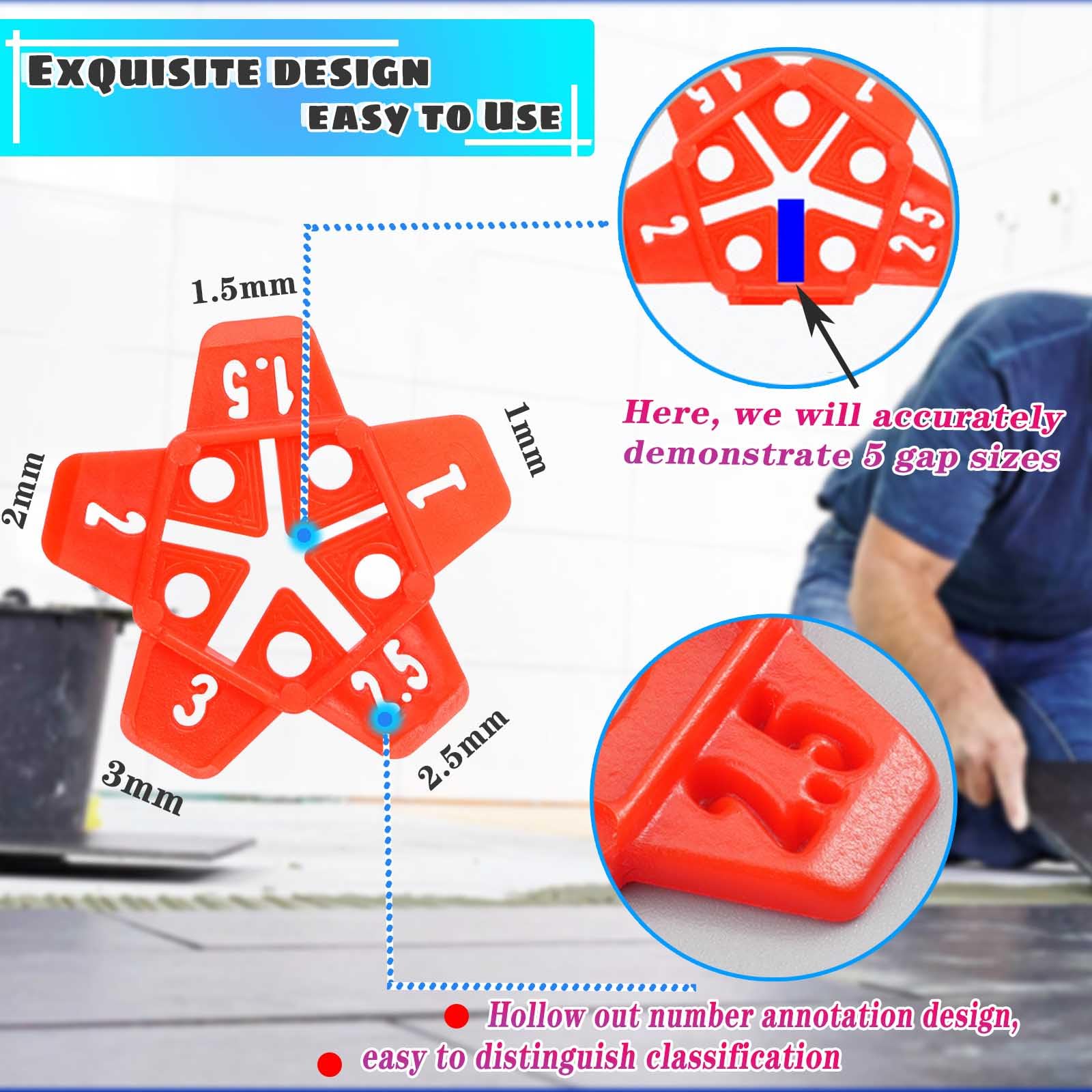 300pcs Reusable Plastic Tile Spacers - 5 Sizes in 1 (1-3mm) - U Shape Horseshoe Tile Leveling Spacers for Floor & Wall Tiles - Perfect for DIY Home Renovation, Bathroom & Kitchen Tiling Projects