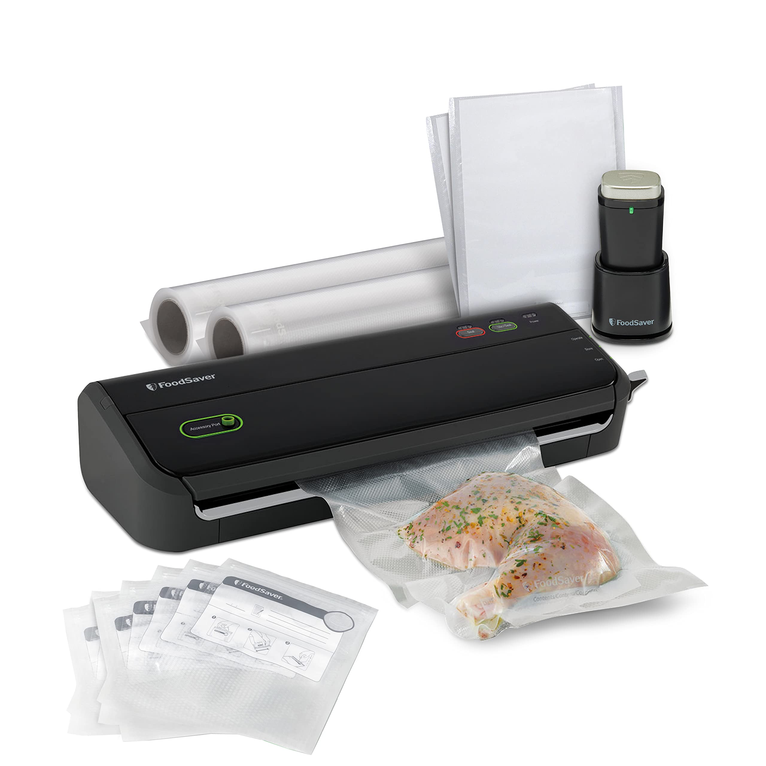 FoodSaver FM2010 Vacuum Sealer Machine with Handheld Sealer | 12 Bags & 2 Rolls | Black | For Meal Prep, Sous Vide & Food Storage