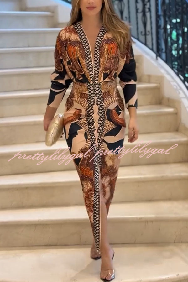 Verra Unique Print Dolman Long Sleeve Ruched Slit Midi Dress for Women | Flowy Boho Chic Dress for Casual Outings, Date Nights & Special Occasions