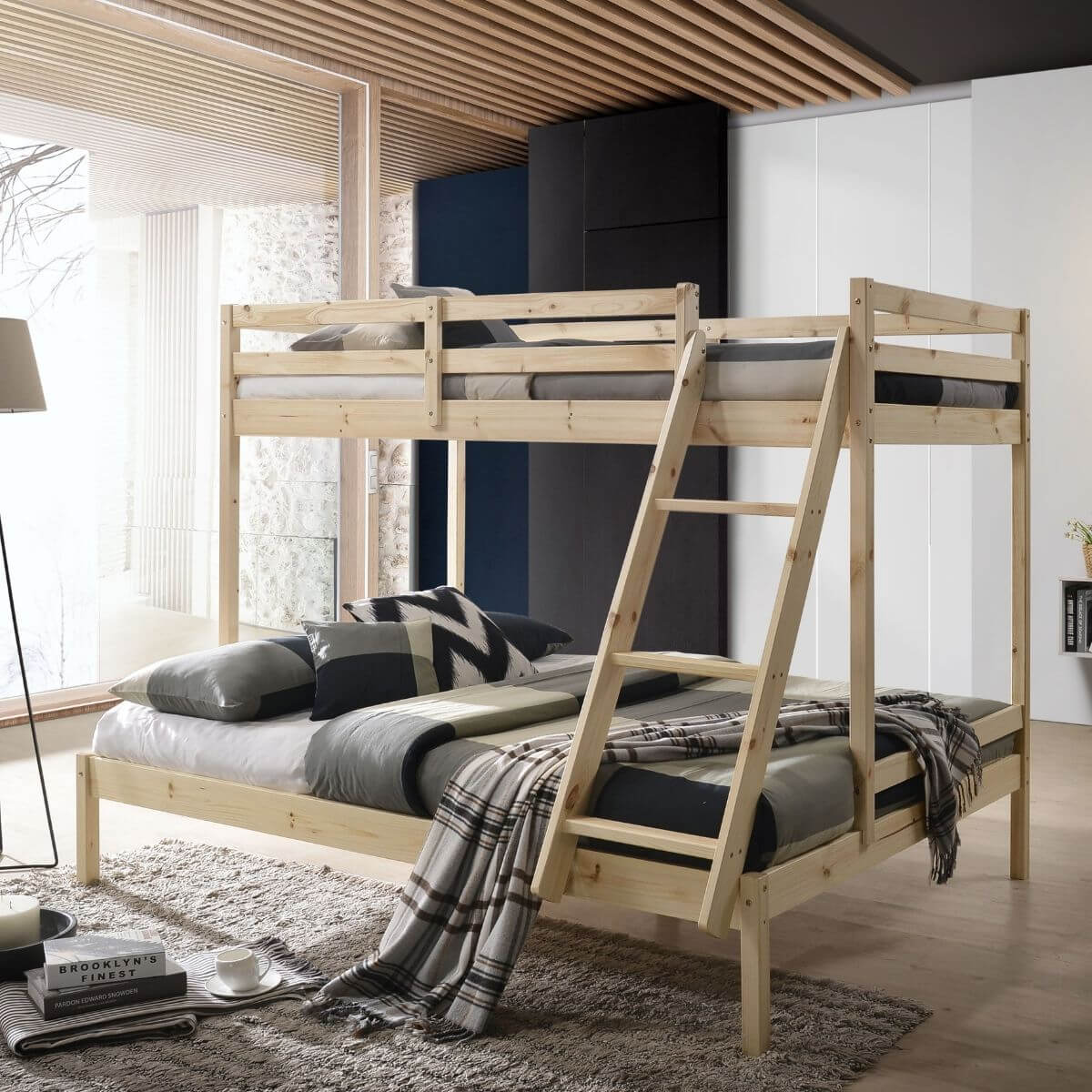 Solid Wood Kids Bunk Bed - Twin Over Full Natural Finish for Bedrooms, Guest Rooms & Vacation Homes