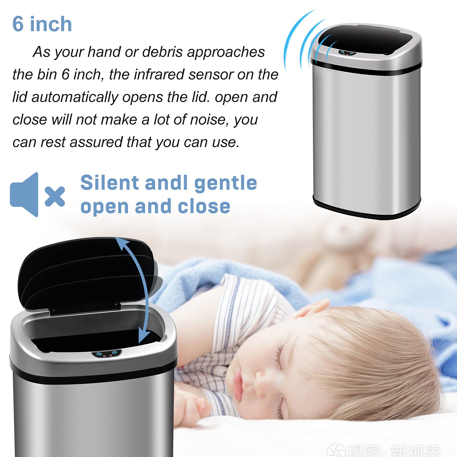 13 Gallon Automatic Touchless Stainless Steel Trash Can - Motion Sensor Smart Kitchen Garbage Bin with Lid, Hands-Free Auto Open/Close Waste Bin for Office, Bedroom, Bathroom (Silver) | Perfect for Modern Homes & Commercial Spaces