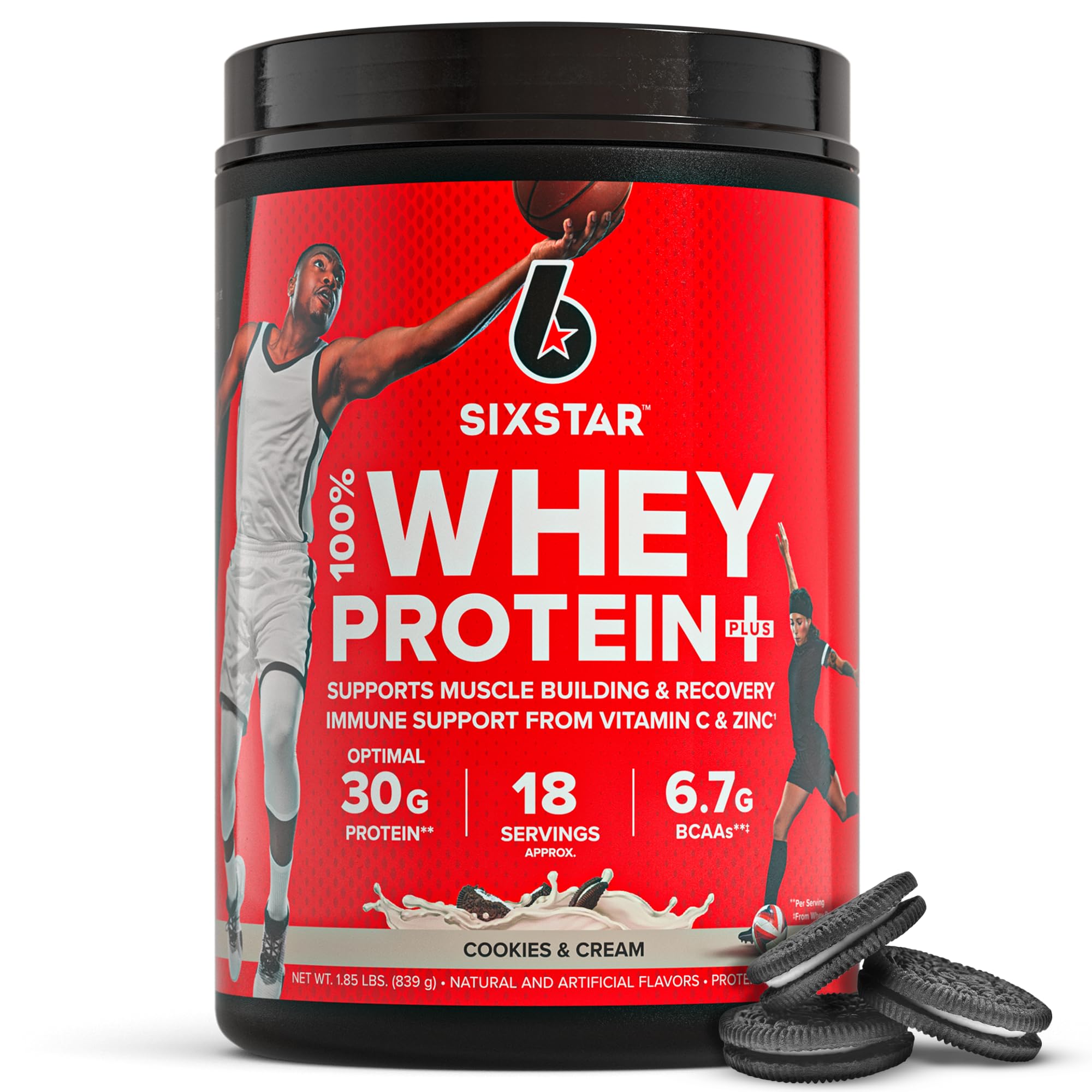 Six Star Whey Protein Powder Plus - Muscle Building & Recovery Formula with Whey Isolate, BCAAs, 30g Protein, Immune Support - Post-Workout Supplement for Athletes & Fitness Enthusiasts - Cookies & Cream Flavor, 1.8 lbs - Ideal for Gym Recovery & Muscle Growth