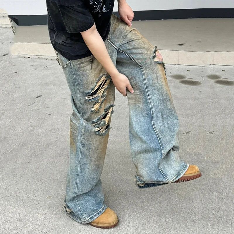 American Style Men's Jeans - Washed Distressed Mud Dyed Contrast Color Denim Pants - Straight Wide Leg Fit for Casual Wear & Street Style | Perfect for Everyday Outfits, Parties, and Urban Fashion