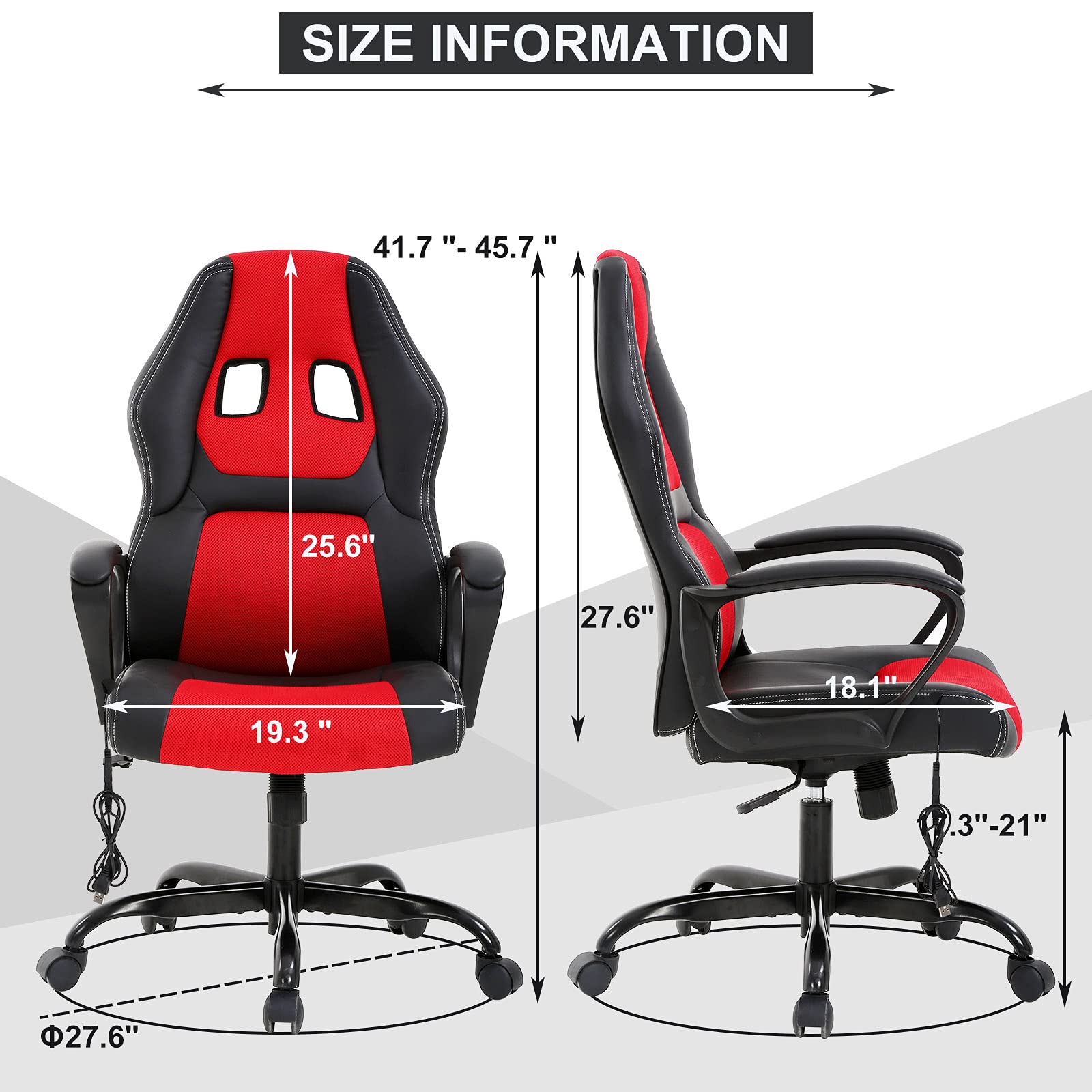 Ergonomic Gaming Chair with Massage & Lumbar Support - PU Leather Office Computer Chair with Adjustable Headrest & Armrests - Modern Swivel Rolling Task Chair for Home & Office Workspace - Perfect for Gaming, Working, and Relaxing (Red)