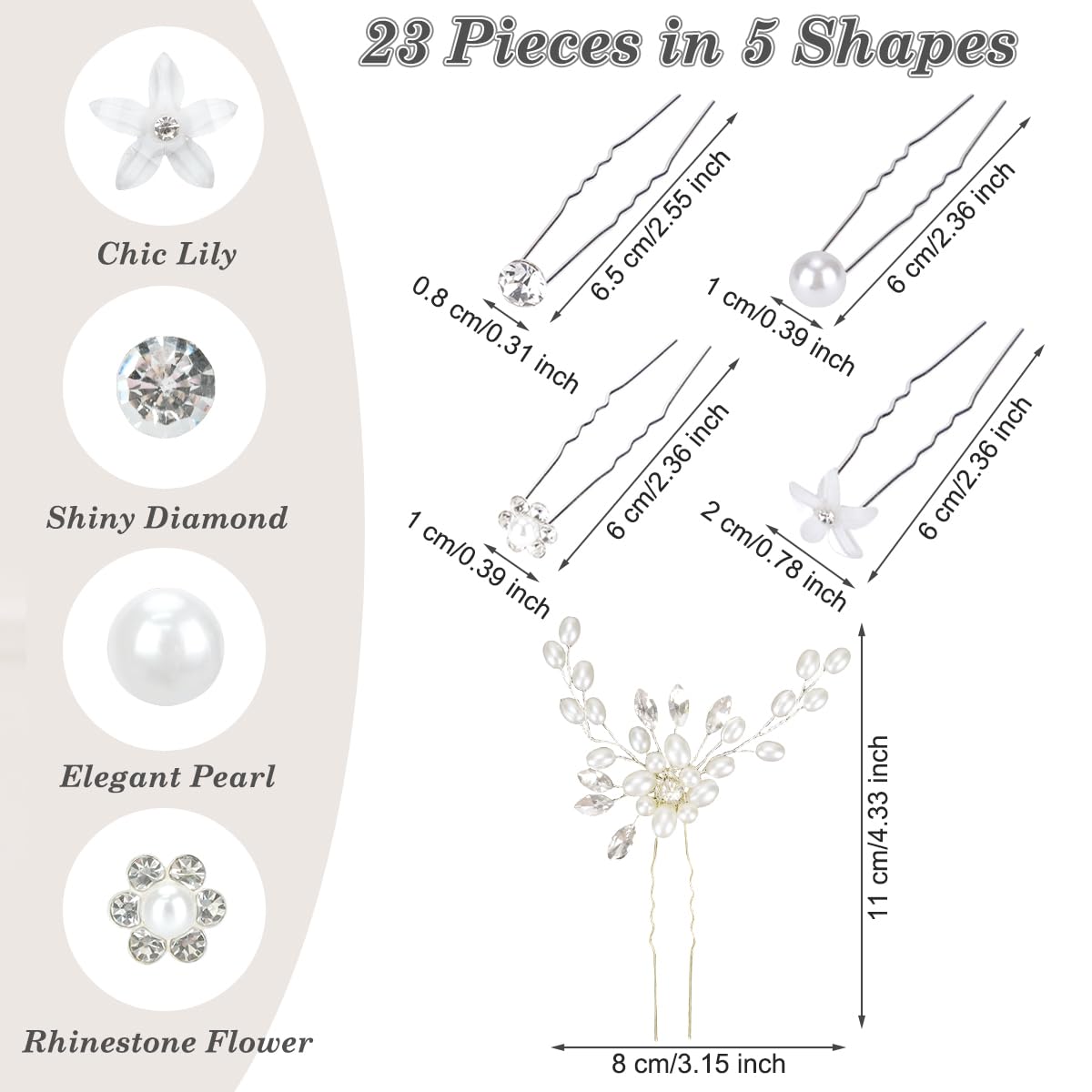 23Pcs Wedding Hair Pins Set - FHDUSRYO Bridal Pearl Rhinestone Hair Clips, U-Shaped Crystal Flower Hair Accessories for Brides, Bridesmaids, Women & Girls | Perfect for Weddings, Prom, Parties & Special Occasions