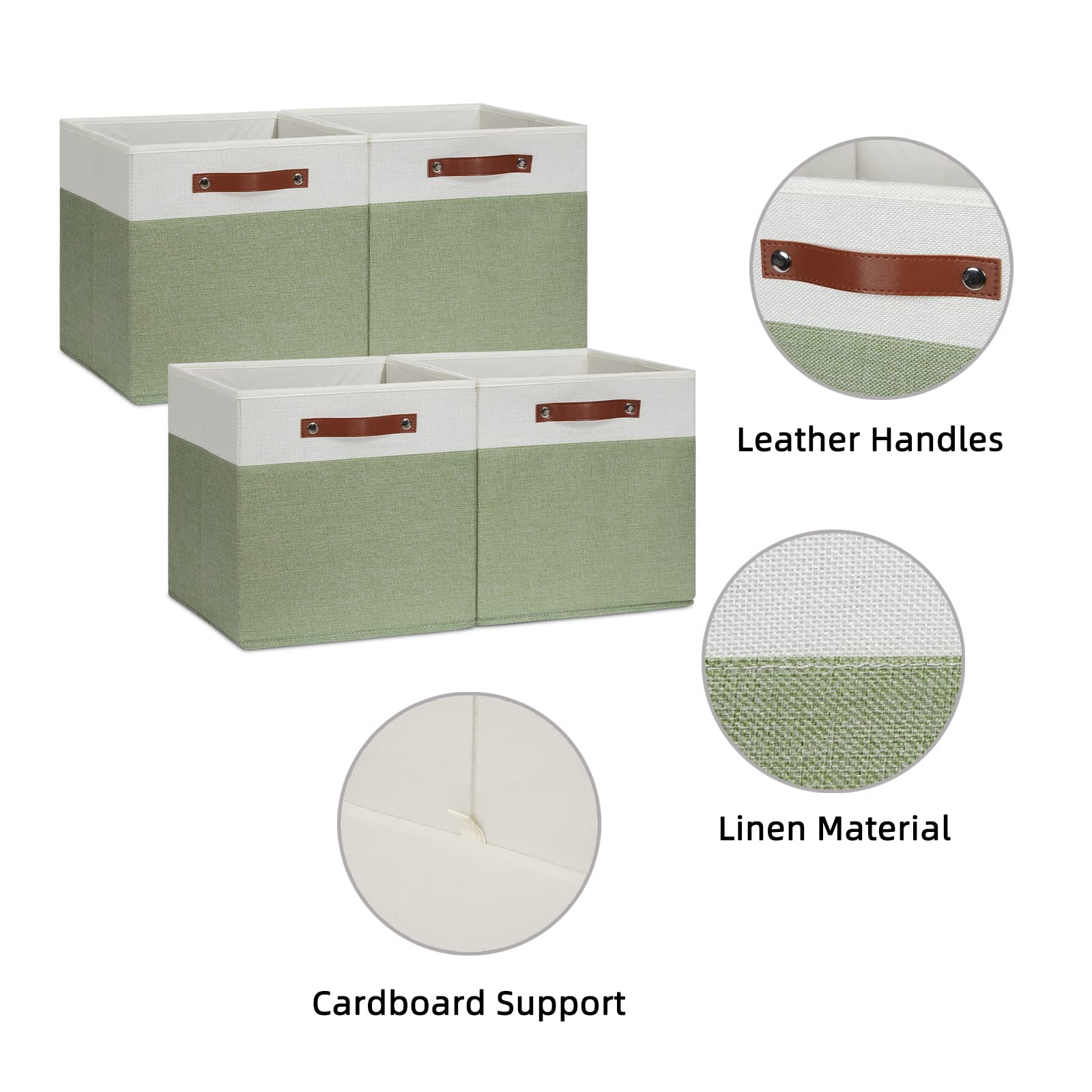 HNZIGE 13x13 Inch Fabric Cube Storage Bins Set of 4 - Collapsible Canvas Storage Baskets for Shelves, Closet Organizer, Nursery, Toy Storage - Green & White - Perfect for Home Organization, Kids Room & Office Storage