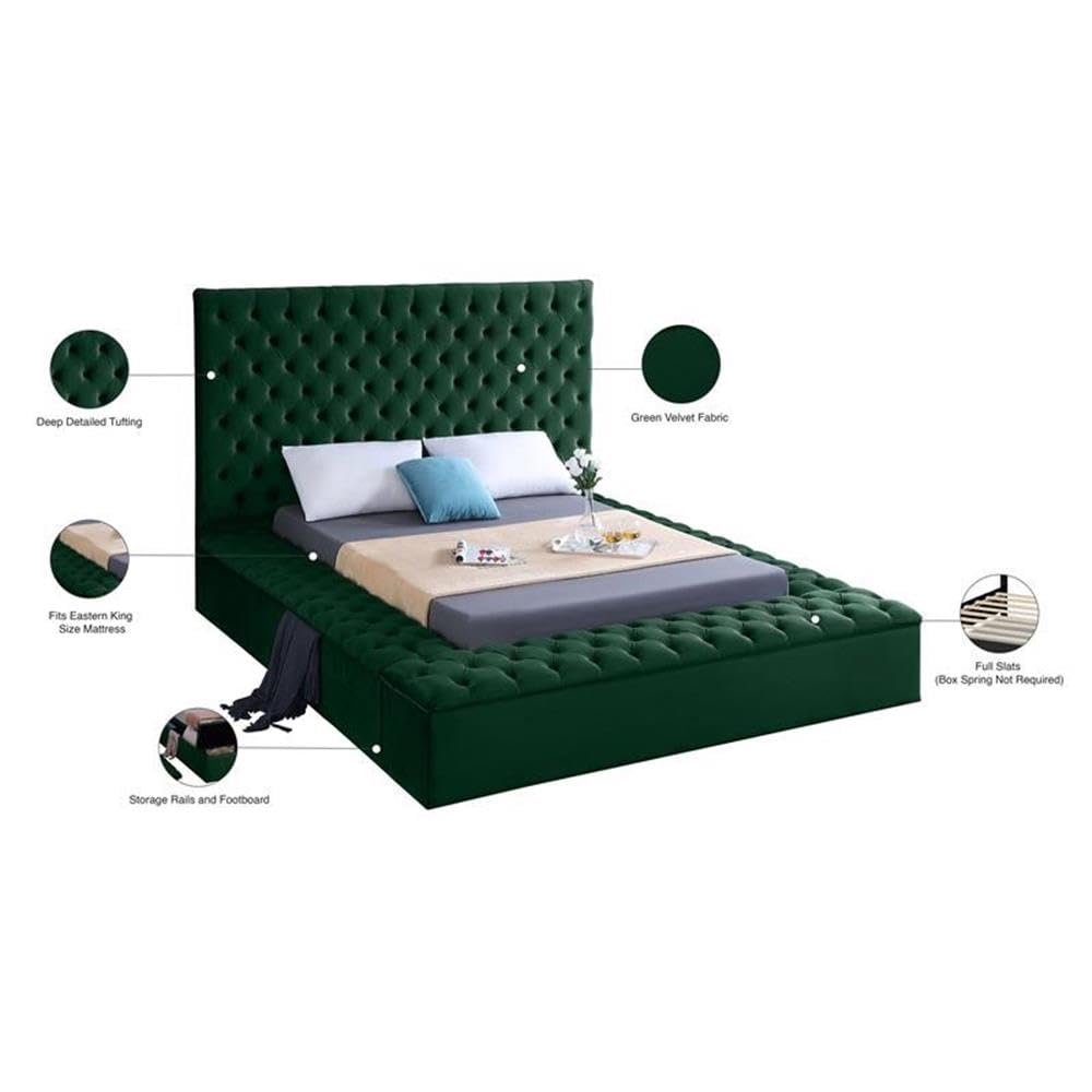 MAKLAINE Contemporary Solid Wood Tufted Velvet King Size Bed Frame in Emerald Green - Luxurious Bedroom Furniture for Modern Master Bedroom Decor