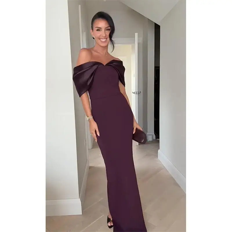 Elegant Purple Satin Patchwork Off Shoulder Midi Dress for Women - Sleeveless Backless Slim Fit Long Vestido Evening Gown for Party, Wedding, Prom & Special Occasions
