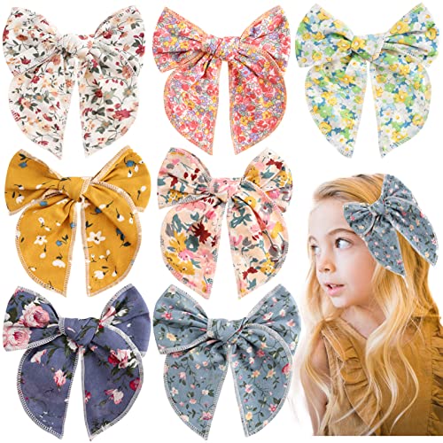 7-Piece 6-Inch Large Fable Bows Hair Clips Set - Alligator Clips for Girls, Toddlers & Kids | Handmade Solid Color Corduroy & Floral Hair Bows | Perfect for School, Parties, Holidays & Special Occasions