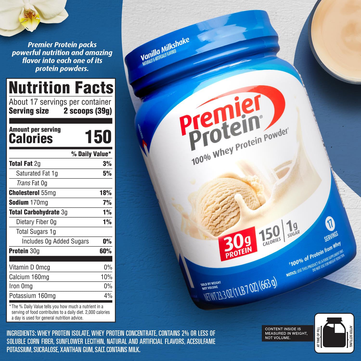 Premier Protein Powder Vanilla Milkshake - 30g Protein, 1g Sugar, 100% Whey Protein | Keto Friendly, Soy Free, Gluten Free | 17 Servings (23.3 oz) for Post-Workout Recovery & Healthy Meal Replacement