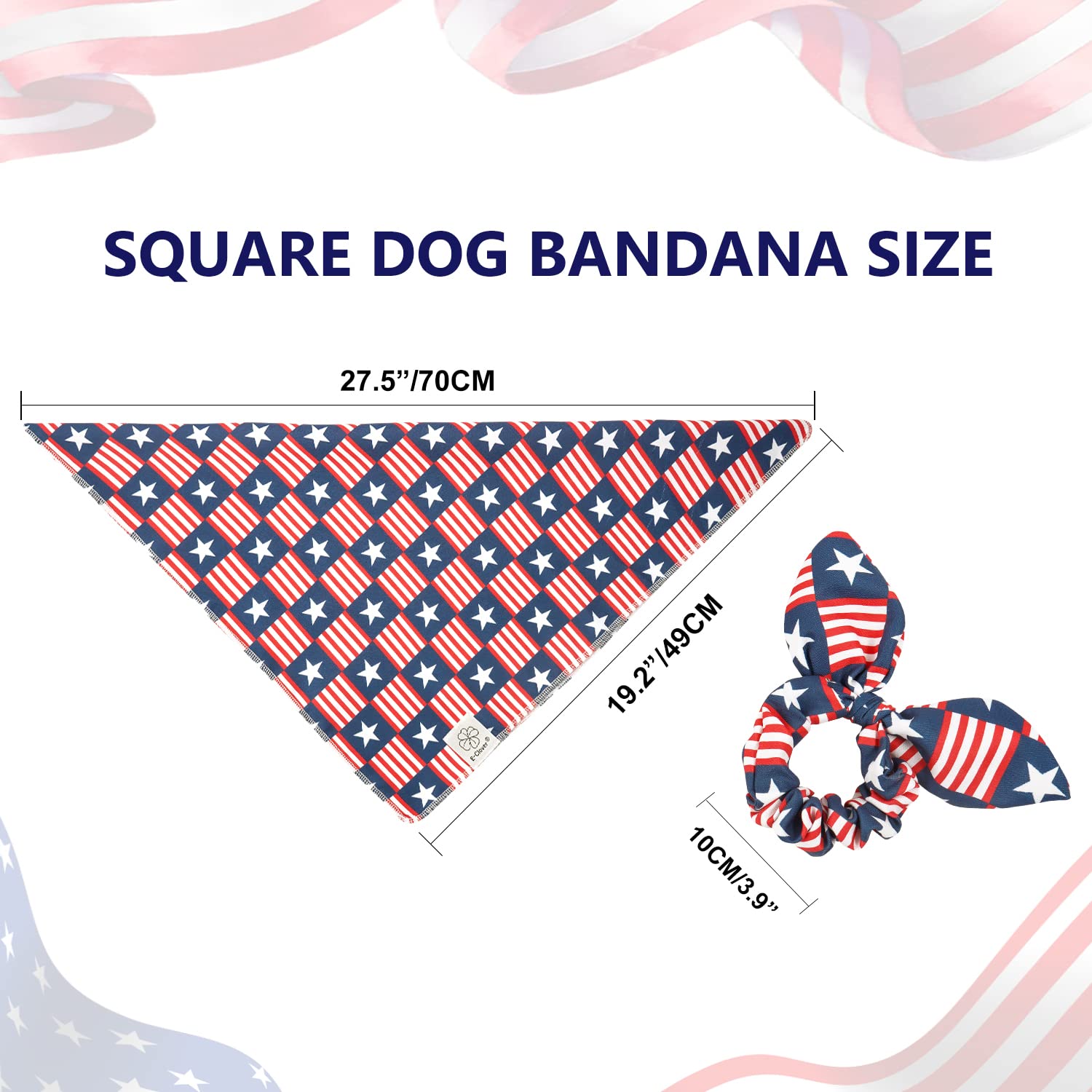 E-Clover 4th of July Patriotic Dog Bandana & Matching Scrunchie Set - American Flag Washable Dog Scarf, Pet Bandana Kerchief for Medium & Large Dogs - Perfect for Independence Day Celebrations, Parades, and Patriotic Pet Photos