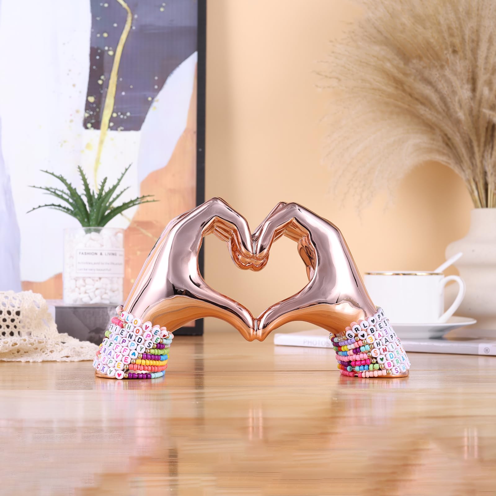 Pink Heart and Hand Sculptures - Bohemian Home Decor Statues for Wedding, Living Room, Bedroom, Office & Coffee Table | Unique Bookshelf & Edgy Room Decor