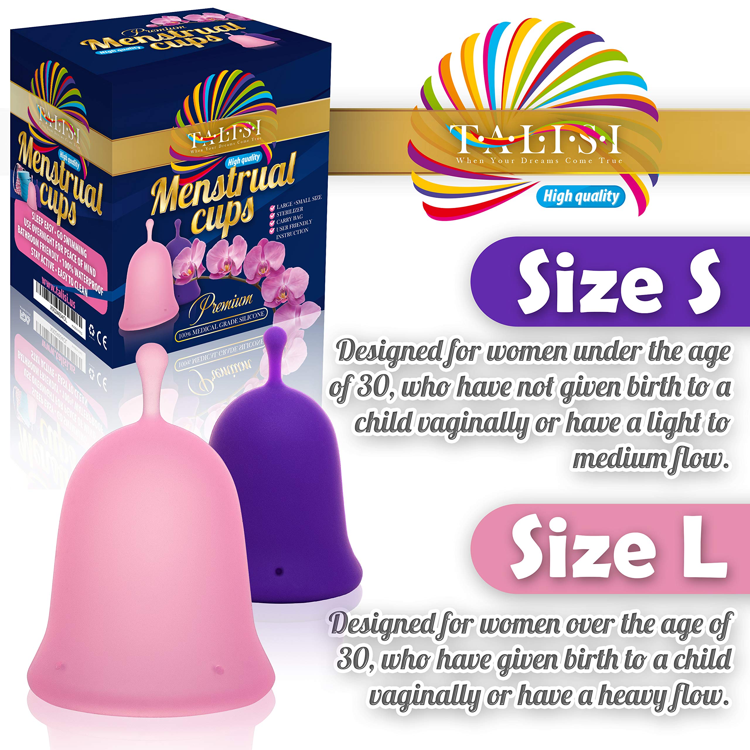 **Talisi Reusable Menstrual Cups Set of 2 - Soft & Flexible Silicone Period Cup for Women - Small & Large Sizes for Heavy & Light Flow - Includes Collapsible Sterilizer - Eco-Friendly Tampon & Pad Alternative - Perfect for Travel, Gym & Active Lifestyles**